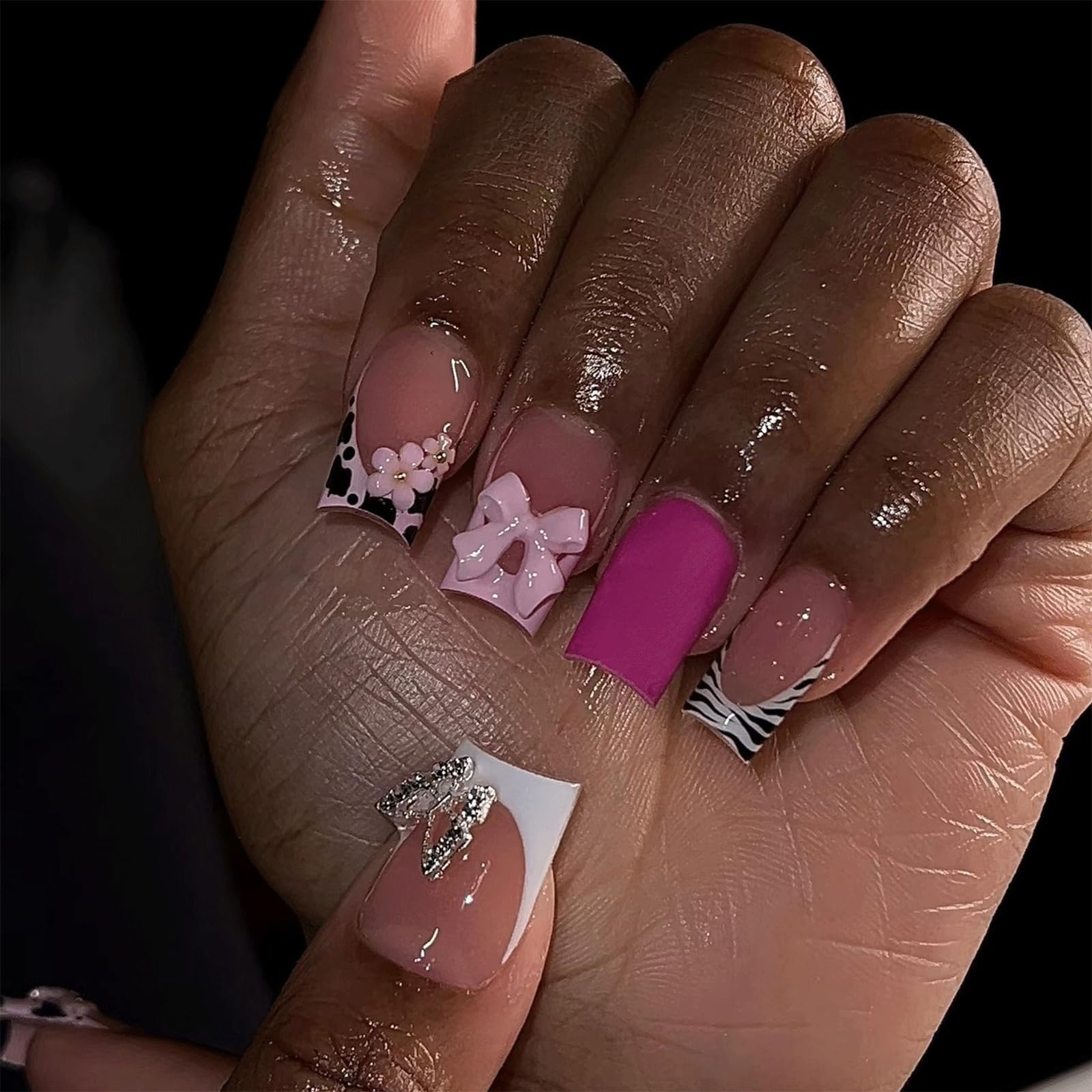 IMSOHOT Short Press on Nails Square Fake Nails Pink Bow Acrylic Nails Press ons Glossy Glue on Nails Full Cover Y2K Artificial Squoval Cute False
