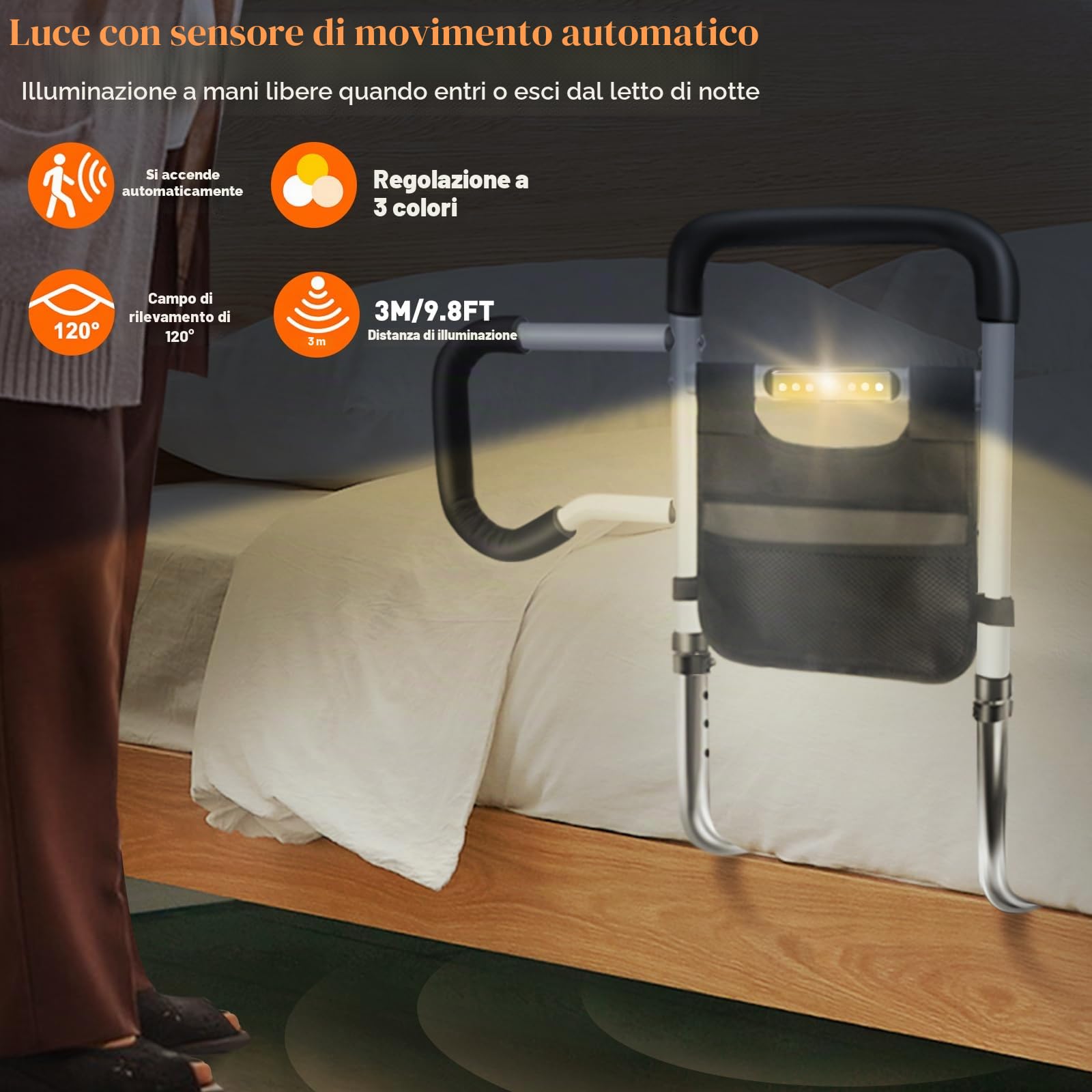 DePango Sponde per letto di sicurezza per anziani, altezza regolabile, con luce di movimento notturna, per anziani, in acciaio al carbonio, per letto matrimoniale king size (in attesa di brevetto)