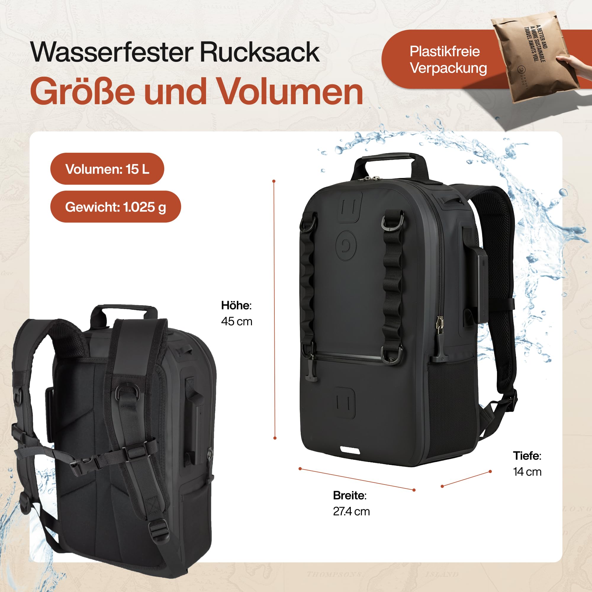 Travel Dude Wasserdichter Rucksack 15L – Dry Bag Rucksack für Herren, Rolltop Seesack mit airtight Zipper – Wasserdichter Fahrradrucksack, Strandrucksack & Wanderrucksack