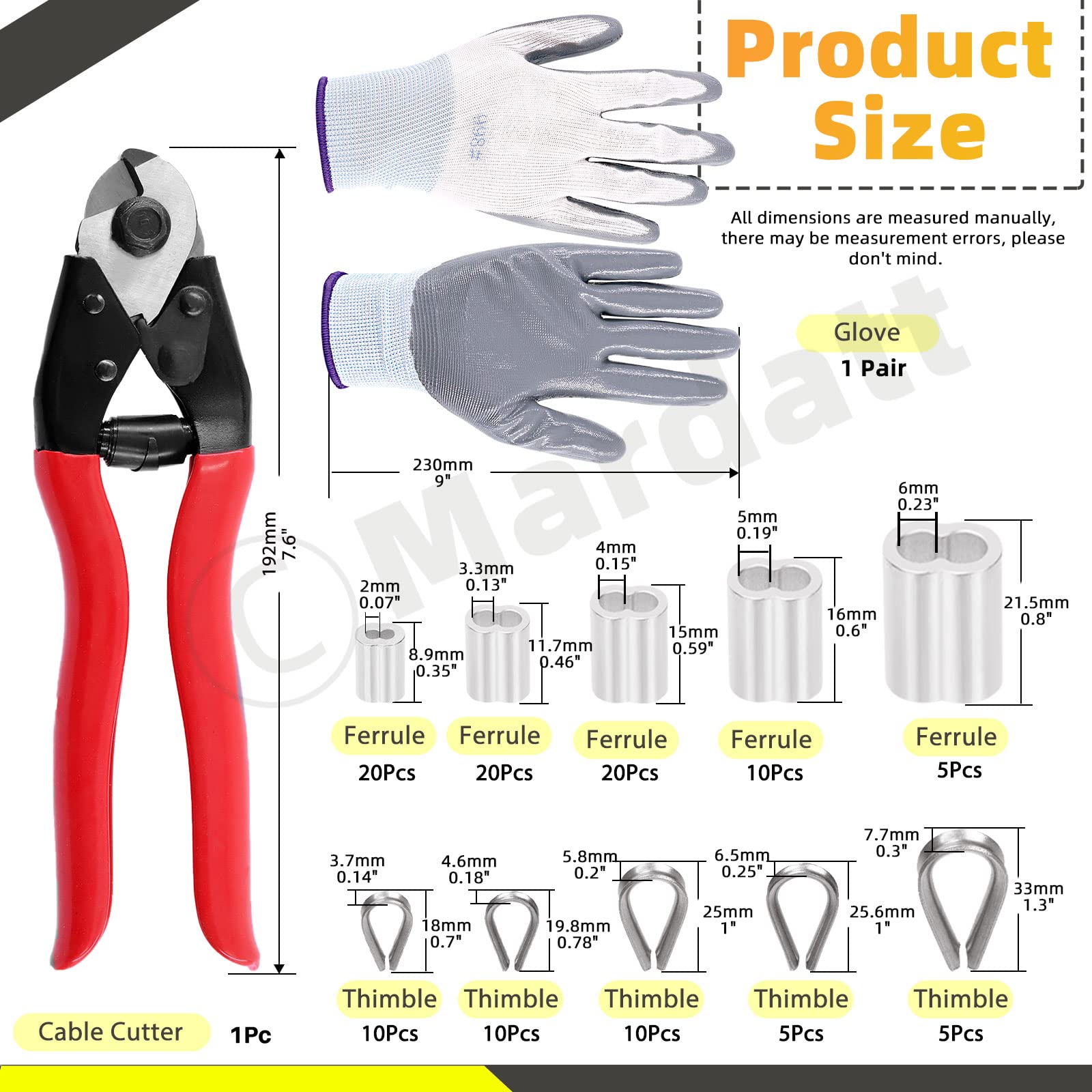 122Pcs Cable Wire Rope Crimping Tool Includes 8" Cable Cutter, 5 Sizes Aluminum Crimping Loop Sleeve & Wire Cable Thimbles and Anti-Cutting Gloves for Bike Brakes Cable Railing