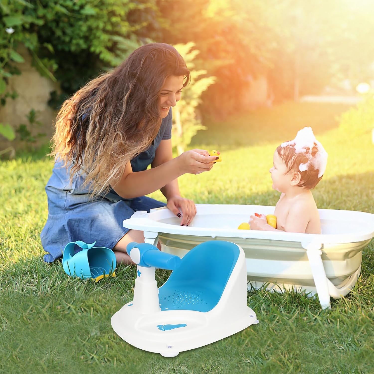 VICASKY Bath Seat for Bathtub Sit-up Shower Chair with Backrest Non-Slip Stable Support Shower Seat for Relaxing Bath and Parent Use Safe Material Blue