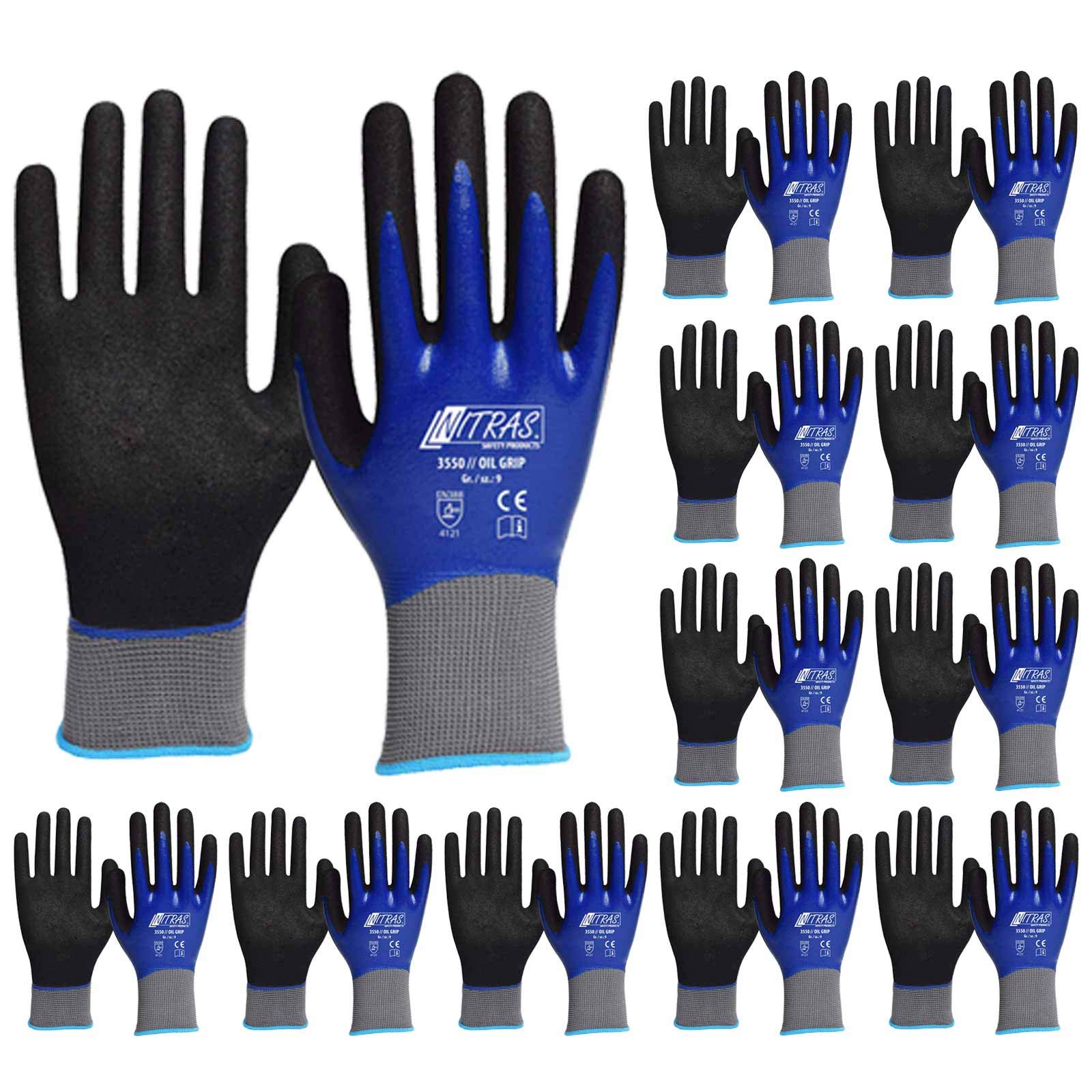 NITRAS 3550 Oil Grip - rękawice nitrylowe w pełni powlekane, nylonowe rękawiczki w zestawie - VPE 12 par, rozmiar: 9