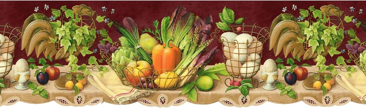 TRIMZ Farm Fresh Rooster Wallpaper Border, Country Farmhouse Kitchen with Produces on Burgundy, Rustic Wall Decor, Pre-Pasted, 15 ft x 9 in