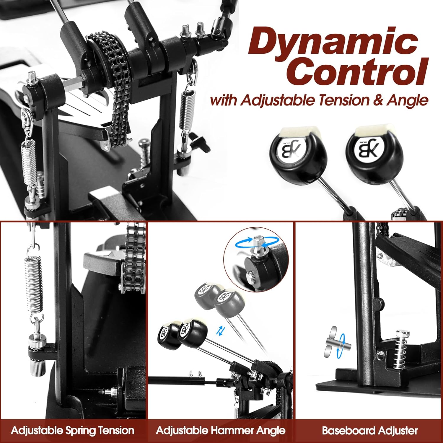 Double Bass Drum Pedal, Heavy-Duty Dual Chain Drive Double Kick Drum Pedal with Adjustable Beaters & Spring Tension, Power & Speed Bass Pedals for Drum Set & Drum Accessories, Non-Slip Base