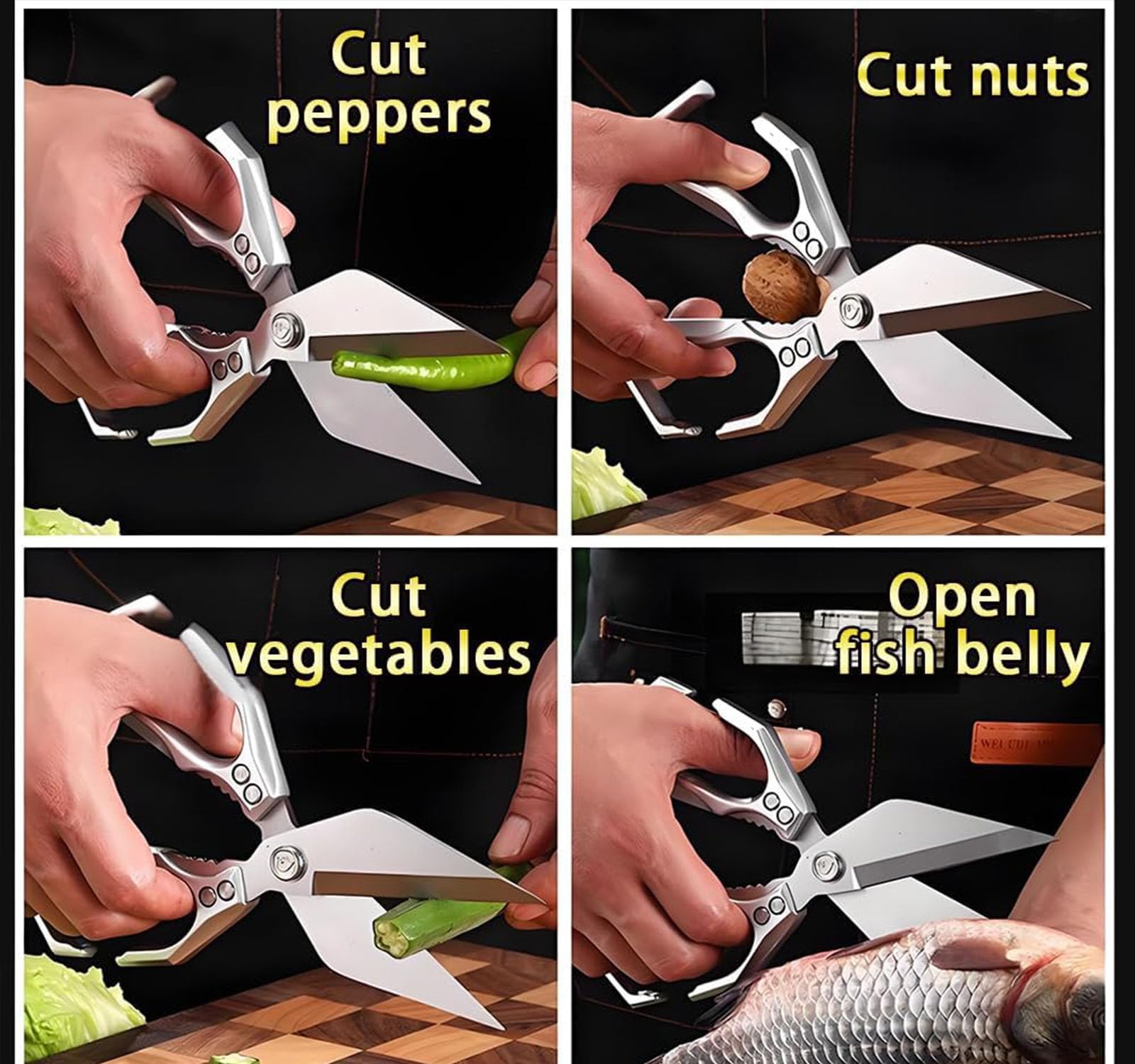 2025 Nuevas tijeras de cocina de servicio pesado multifuncional de Seattleget, tijeras de acero inoxidable 3CR13, con mango ergonómico, para cortar carne, verduras y nueces (E)