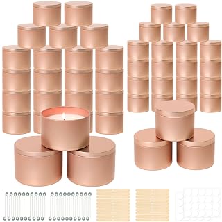 SUPMIND 48 Pack Candle Tins, 24pcs 8oz + 24pcs 4oz Rose Gold Candle Tins for Making Candles, Metal Candle Jars with Lids Bulk Empty Candle Containers for Candle Business, Wick Kit Included