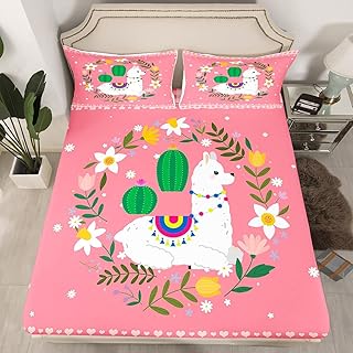 Erosebridal Cute Llama Toddler Twin Sheets for Girls Boys Animal Bed Sheets, Green Cactus Fitted Sheet Pink Buffalo Bed Set, White Gold Flower Bedding Cartoon Alpaca Room Decor 2pcs (Deep Pocket)