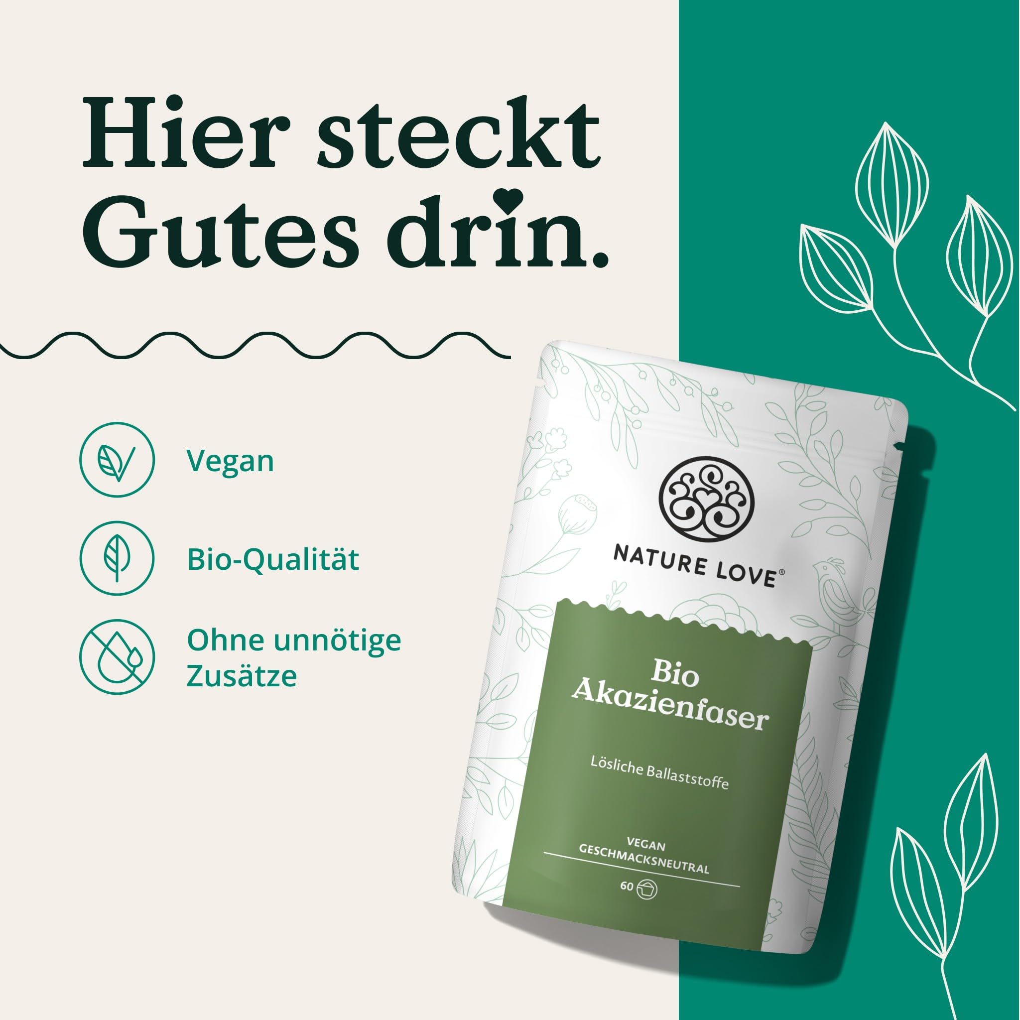 NATURE LOVE® Bio Akazienfaser Pulver – 360 Gramm – 80% Ballaststoffe, löslich, geschmacksneutral & vielseitig einsetzbar – 60 Portionen – vegan, laborgeprüft & in Deutschland produziert