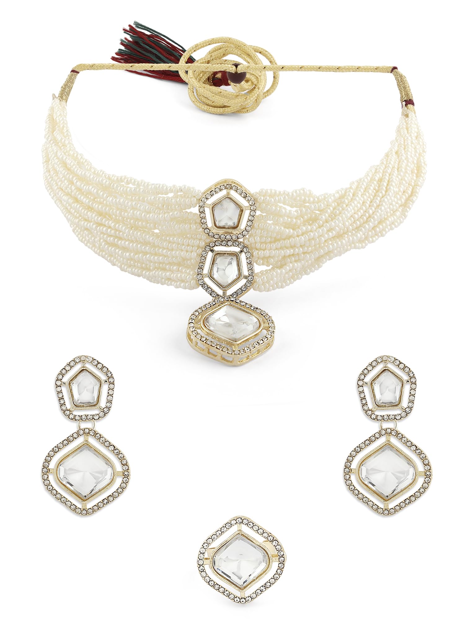 ZAVERI PEARLS Gold Tone Multistrand Beaded Austrian Diamonds Choker Necklace Earring & Ring Set For Women-ZPFK16762 (B0CL2DJRBY) Amazon Price History, Amazon Price Tracker