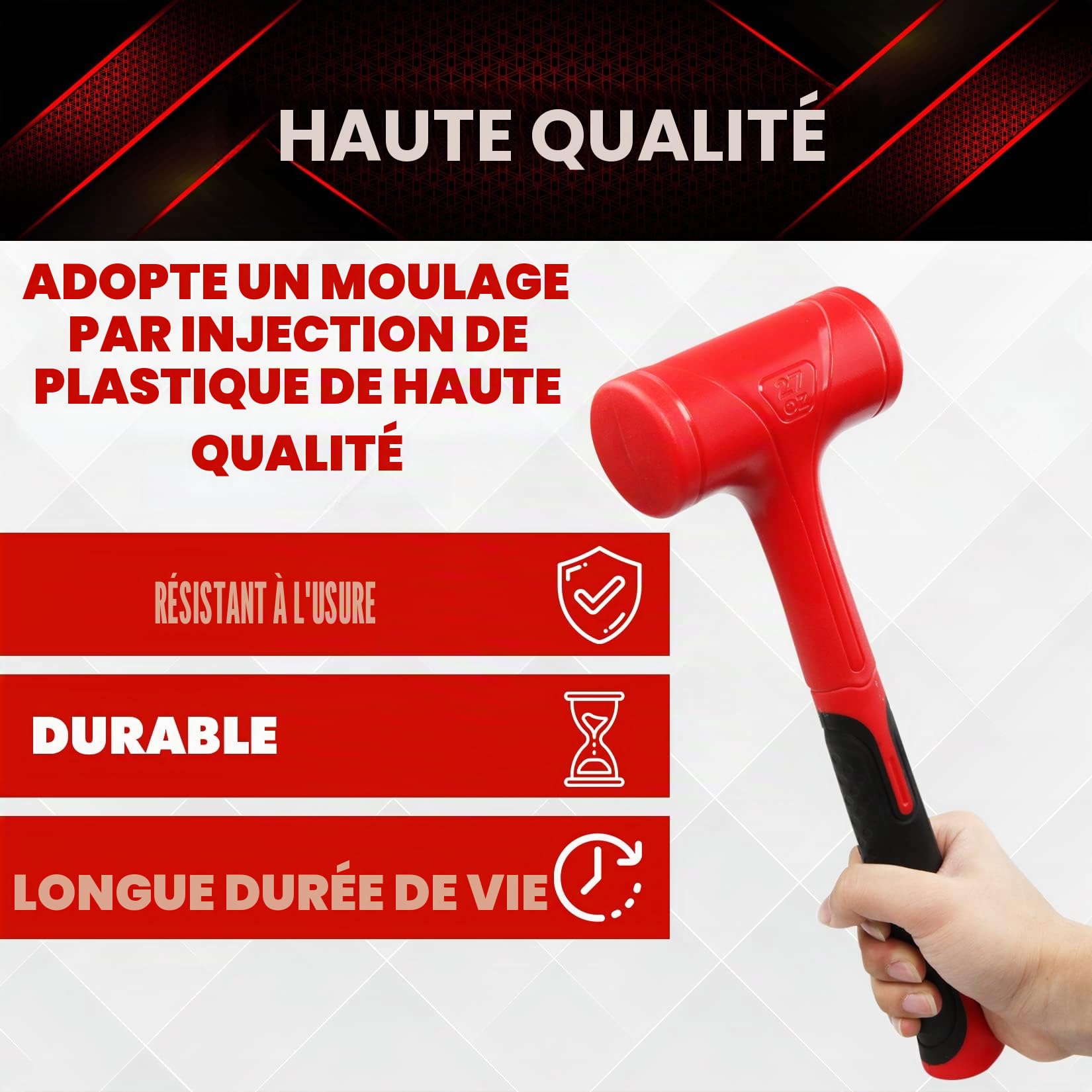 YIYITOOLS YY-3-013 Lot de 3 marteaux à percussion morte 453,6 g (0,5 kg), 765,4 g (0,7 kg), 1,275,7 g (1,4 kg) conception anti-choc, pas de rebondissement, rouge et noir, noir, rouge