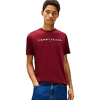Tommy Jeans Uomo T-Shirt Maniche Corte Linear Logo Cotone, Rosso (Red Wine Multi)