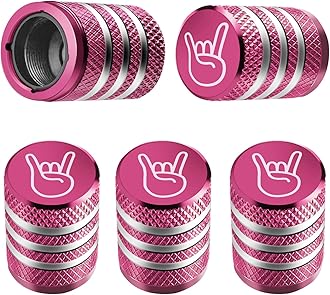 DECURCAR Tire Valve Stem Cap Cover - (5 Pack) Tire Air Cap Metal with Plastic Liner Corrosion Resistant Leak-Proof Rock and Roll for Car Truck Motorcycle Bike Pink