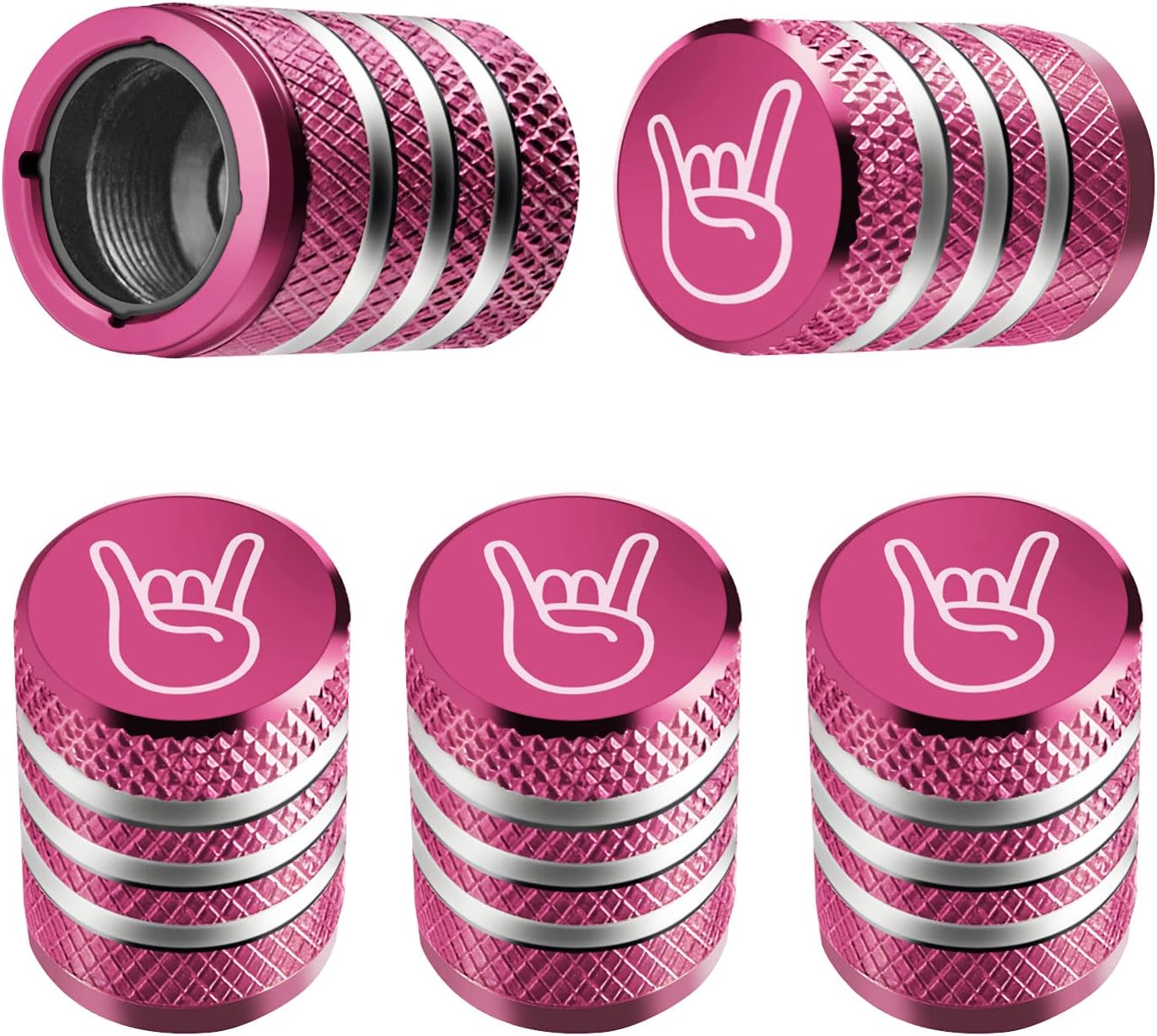 DECURCAR Tire Valve Stem Cap Cover - (5 Pack) Tire Air Cap Metal with Plastic Liner Corrosion Resistant Leak-Proof Rock and Roll for Car Truck Motorcycle Bike Pink