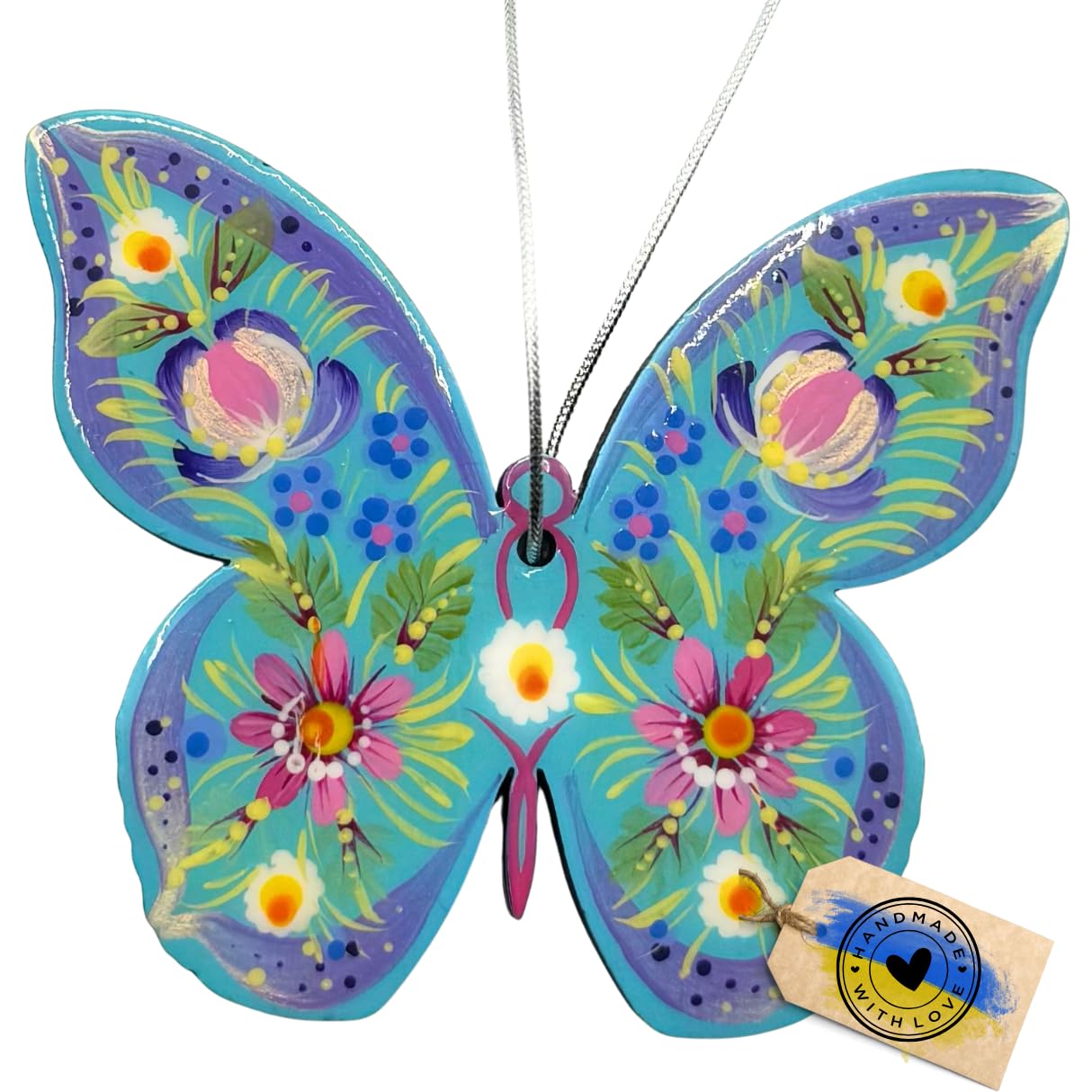 Handmade Christmas Ornament Wooden Butterfly Hand Painted Ukrainian Petrykivka Folk Art Holiday Tree Decoration 9x9x0.5 cm 3.5x3.5x0.2 inches