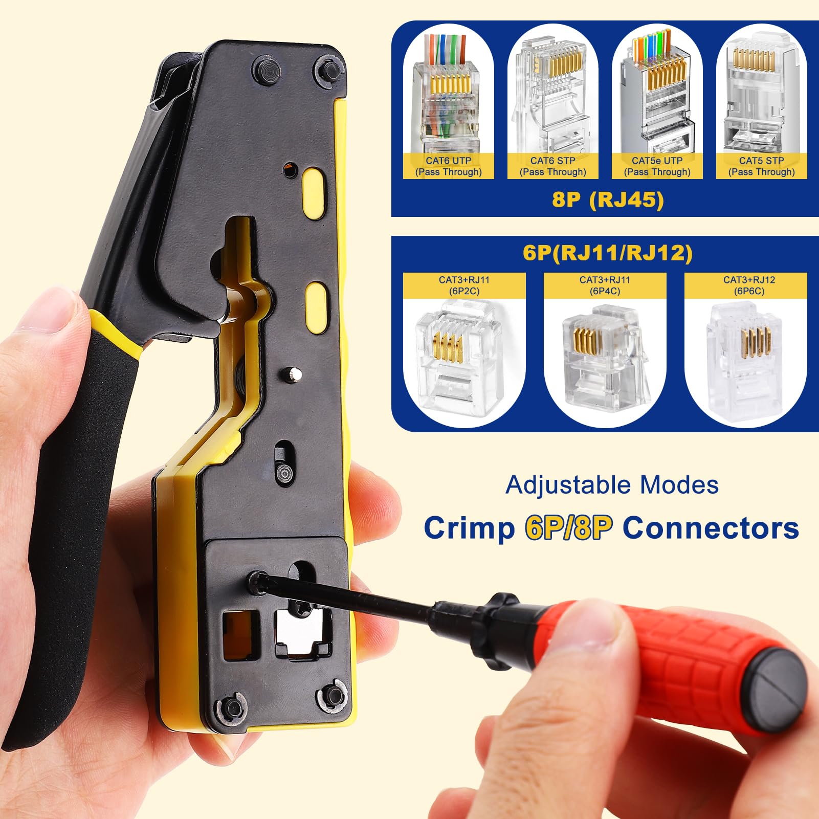 Crimpatrice RJ45 per connettori modulari Cat5e, Cat6, Cat6a, 8P8C, All-in-One Cat6 e tester (batteria da 9 V non inclusa) (60)