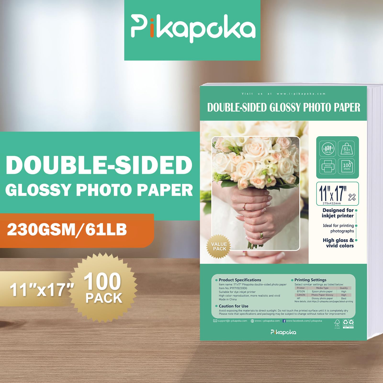 Doppelseitiges, glänzendes Fotopapier, 28 x 43 cm, dickes Hochglanzpapier für Karton, 100 Blatt, 27,7 kg für Tintenstrahldrucker