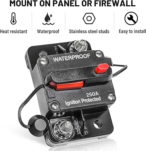 Miniatura 6 de RED WOLF Interruptor de circuito de 250 A, portafusibles de 12 V a 48 V CC, interruptor de reinicio manual, impermeable, para barco, motor de