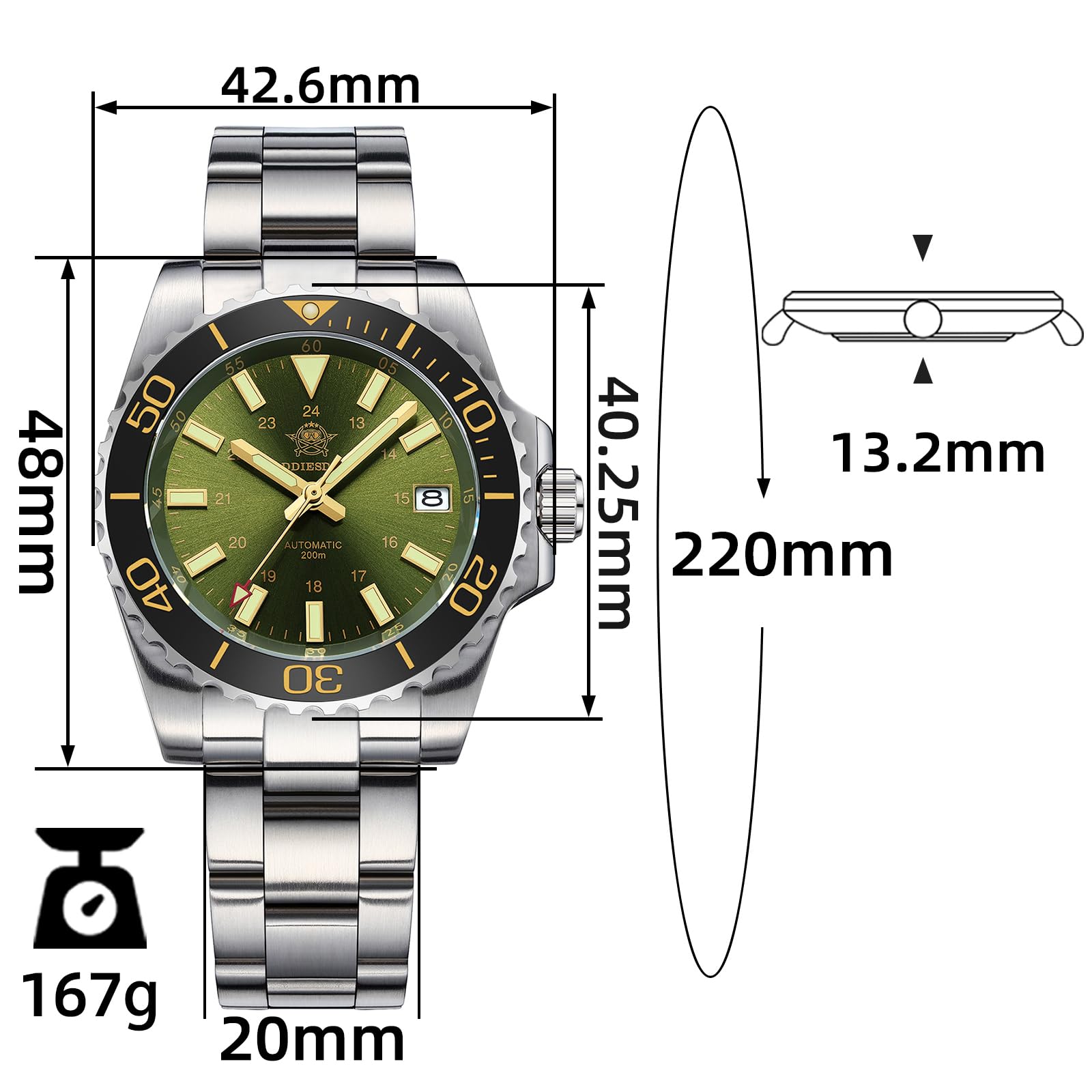 ADDIESDIVE Orologio Uomo Automatico Meccanico 8215 Quadrante Satinato a Raggi Solari Impermeabile 20 ATM Vetro Zaffiro Sintetico Super Luminoso BGW9 Acciaio Inossidabile