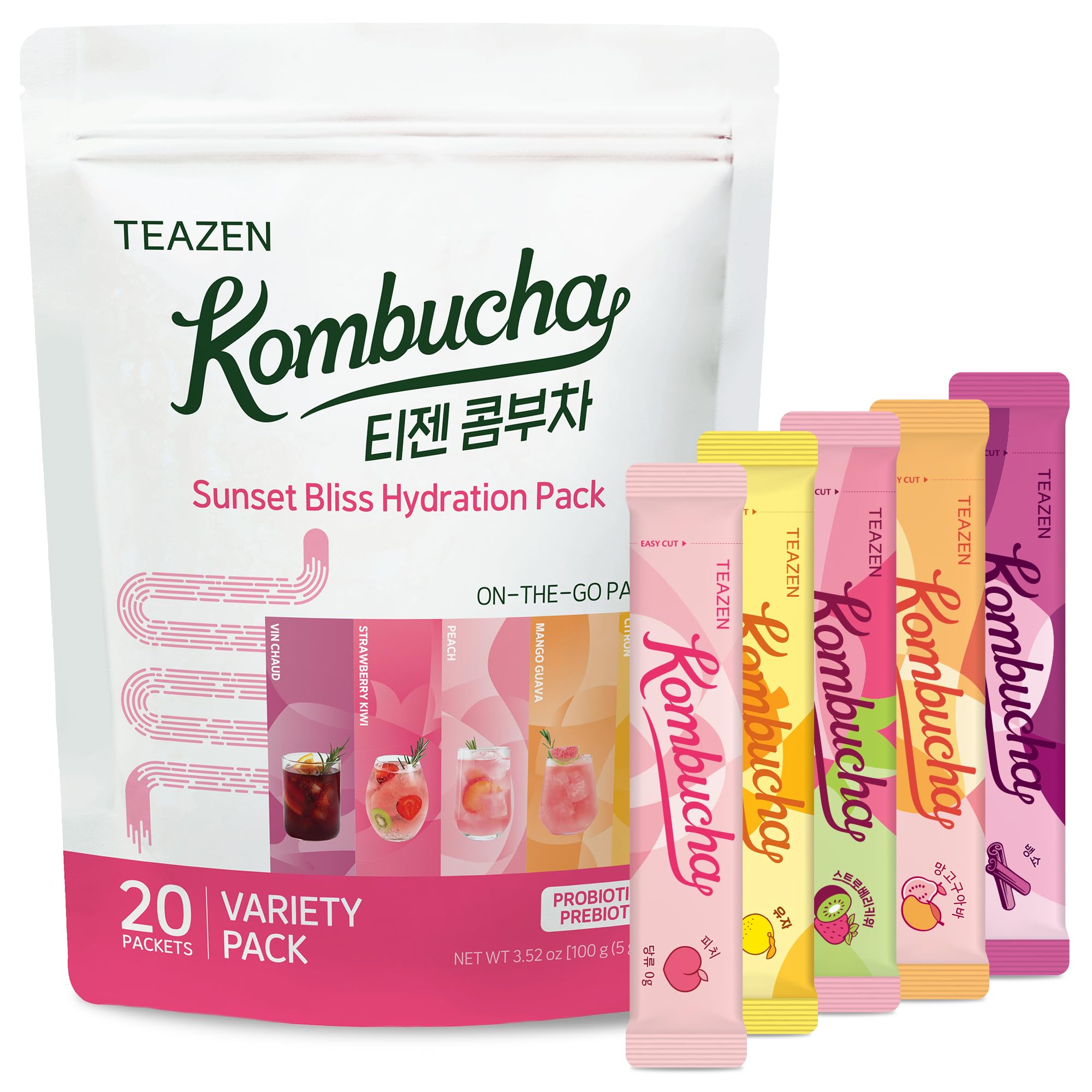 TEAZEN Kombucha Sunset Bliss Hydration Variety Pack - 20 Packets, 5 Flavors (Peach, Mango-Guava, Strawberry-Kiwi, Citron, Mulled Wine), On-the-Go Powder Drink Mix
