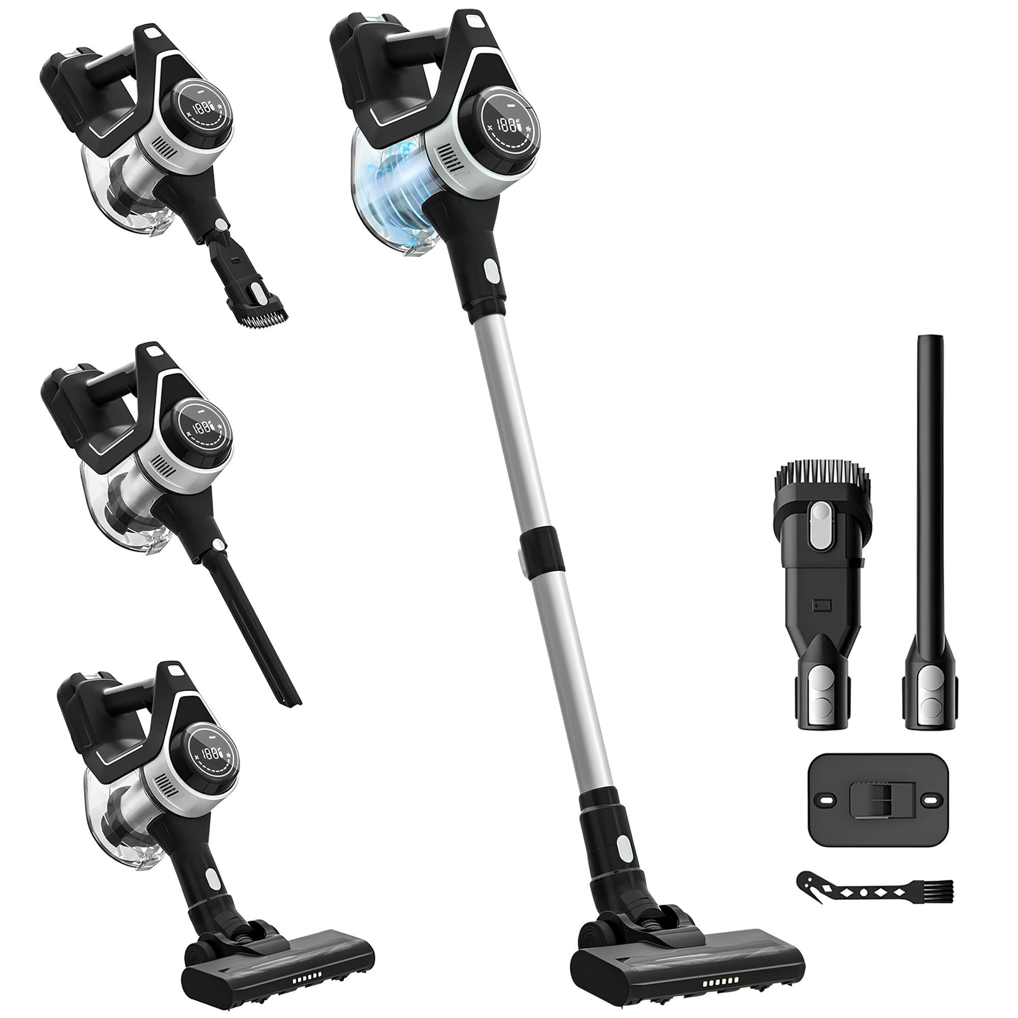 Powell Aspiradora Sin Cable 2 en 1, Plata/Negro | Aspiradora Escoba Ligera, 12KPa, 30 Min de Autonomía, Para Suelos Duros, Alfombras, Coche y Pelo de Mascotas