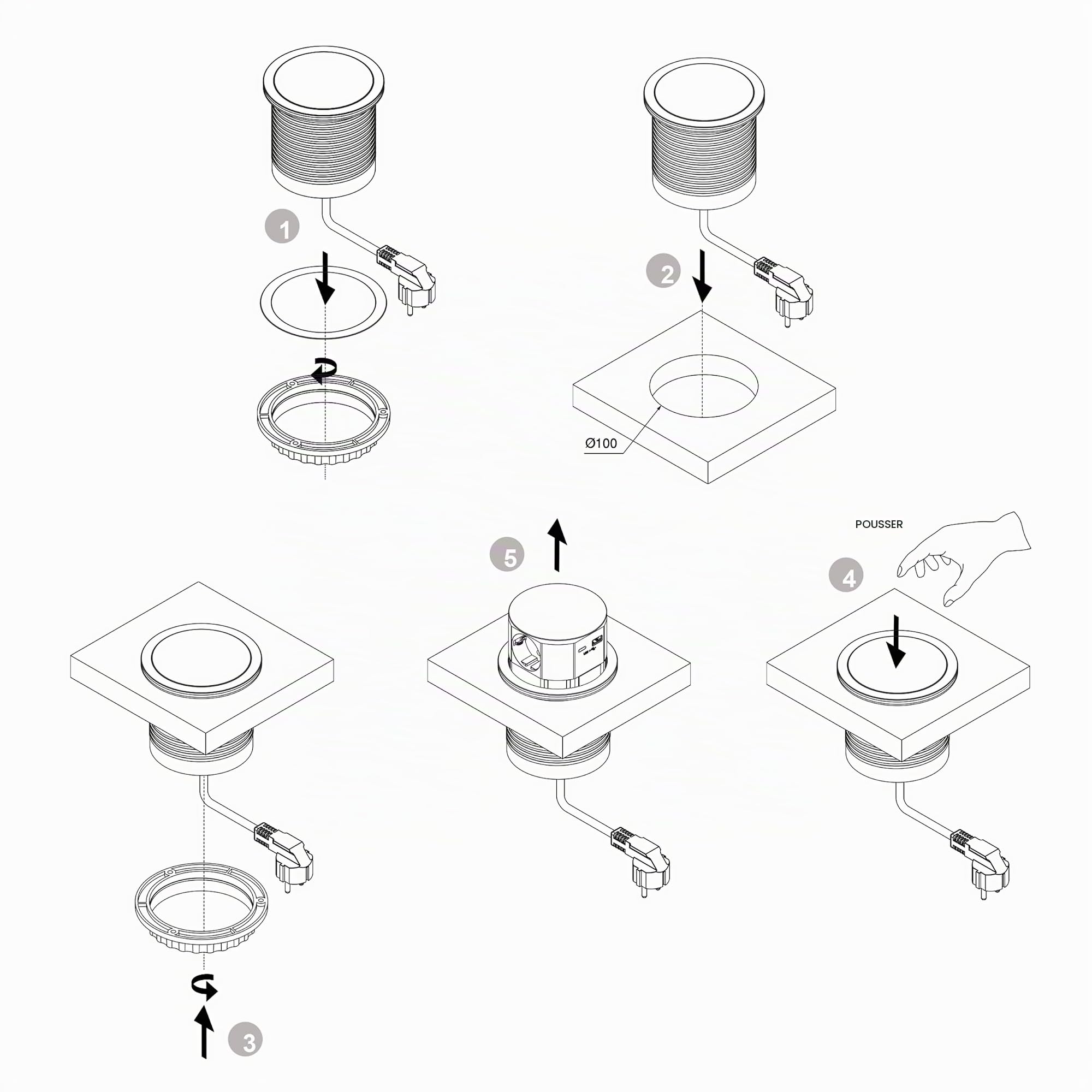Emuca - Multiconnecteur Vertikal Push diamètre 100mm, 3 Prises de Type Schuko, 1 USB Type A, 1 USB Type C, Acier et Plastique, Peint en Aluminium
