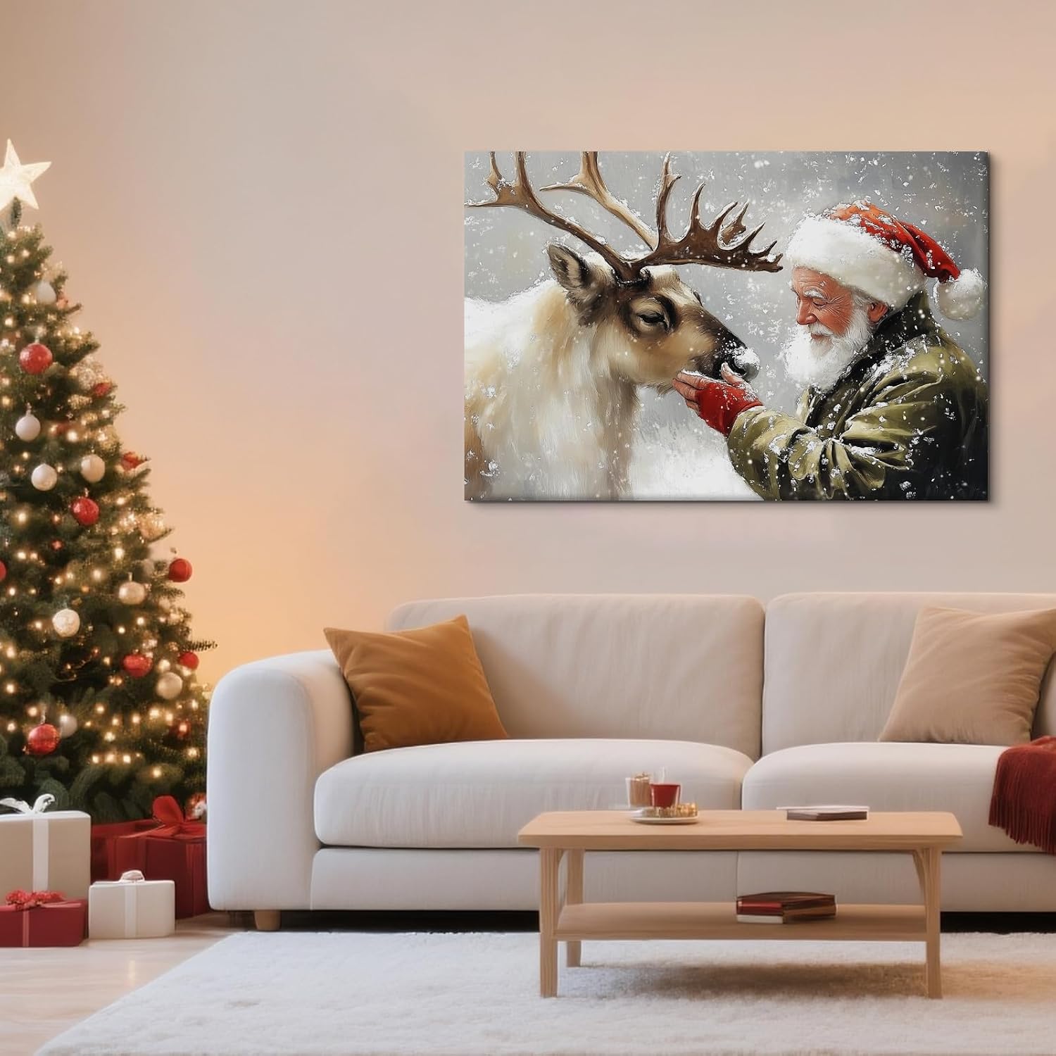 Craftline - Classic Santa with Reindeer Canvas Wall Art, Green Santa Petting Reindeer Nose Winter Picture Rustic Farmhouse Artwork Mantelpiece Festive Bedroom Entryway Decor 16x12inch