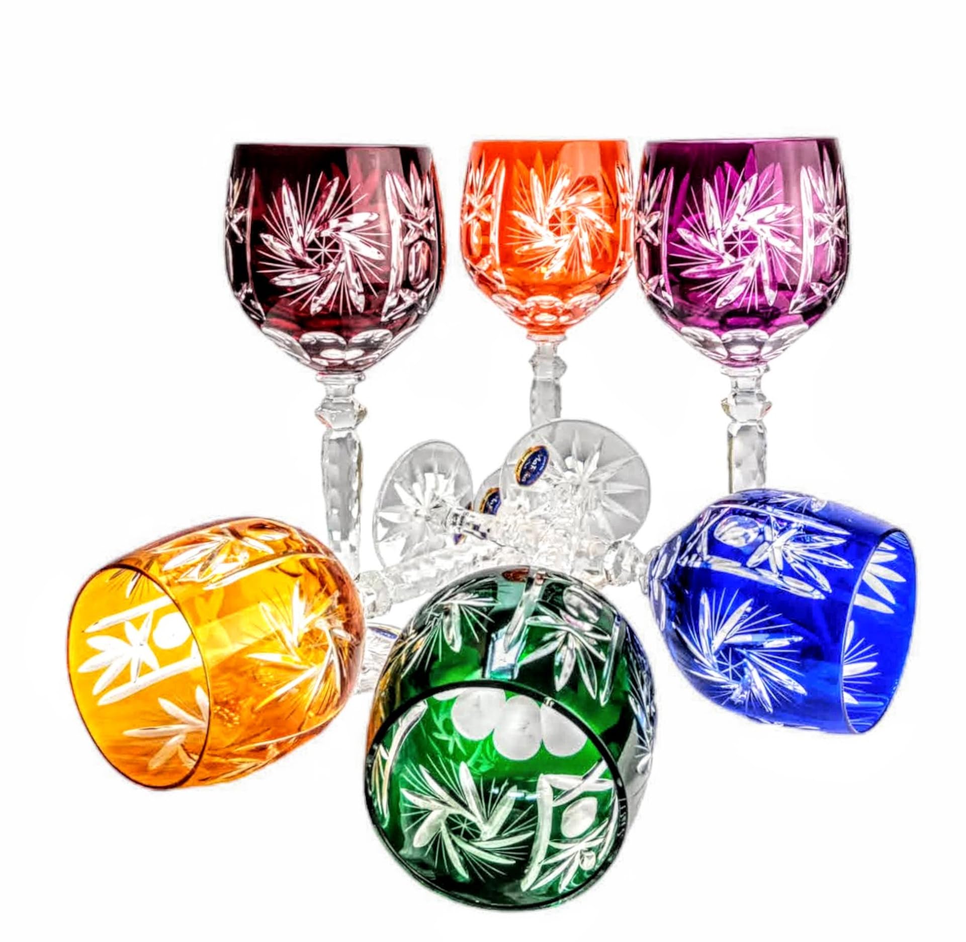 MaRika Lot de 6 verres à vin en cristal, 280 ml, multicolores, faits à la main, parfaits pour le vin rouge et le vin blanc, idée cadeau