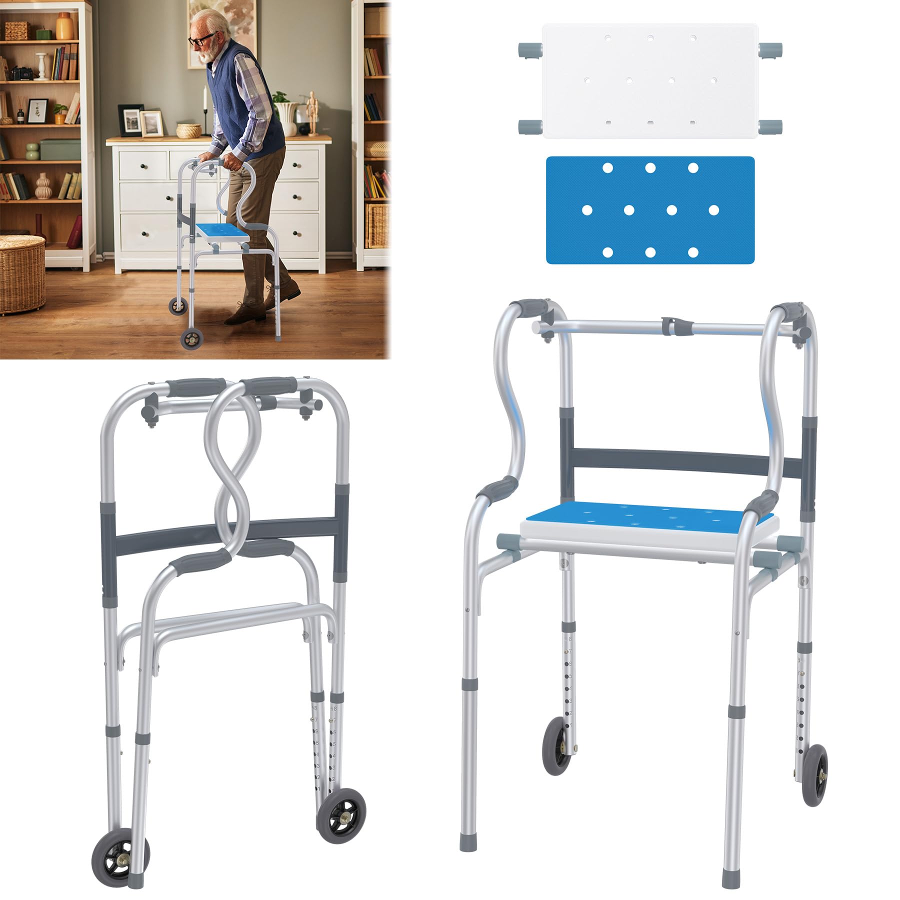 ACXIN Mały chodzik dla seniorów, standardowy pomocnik do chodzenia z aluminium, przenośny, składany z regulacją wysokości, pomoc rehabilitacyjna z kółkami i ergonomicznym uchwytem