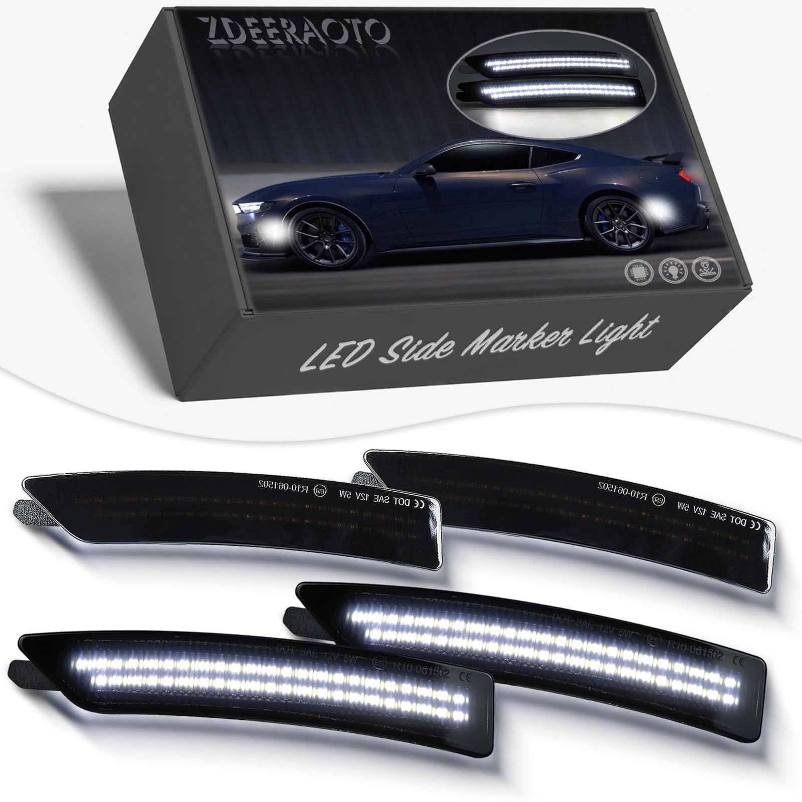 Photo 1 of ZDEERAOTO LED Front & Rear Fender LED Side Marker Lights Kit for Ford Mustang S650, Replacement for Mustang Gen7 2024 2025,Smoked Lens Side Bumper Marker Lamps,4pcs (White)
