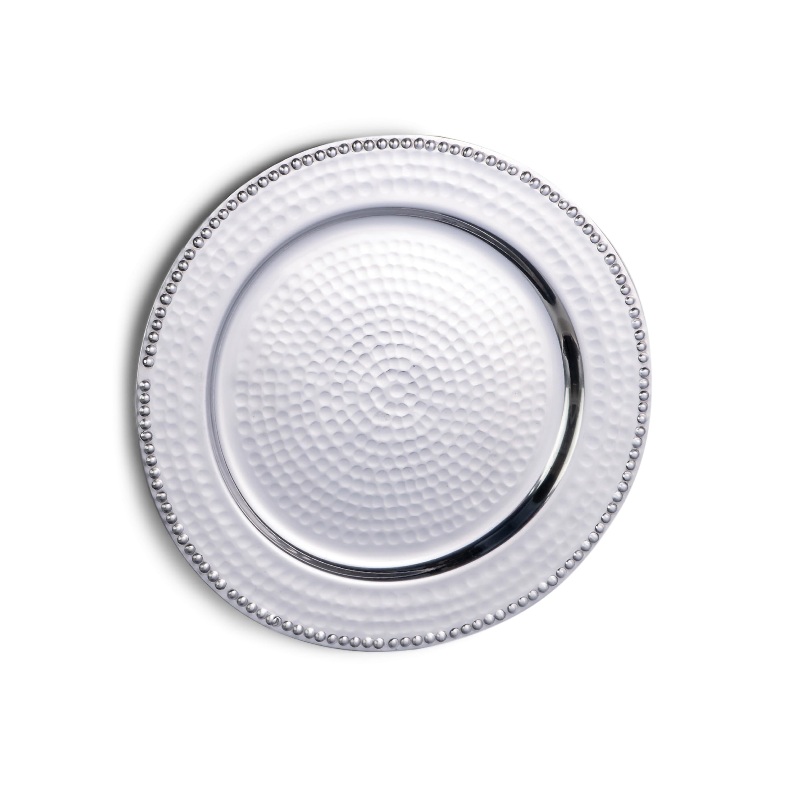 IHI EST. 1986 Beaded Edge - Hammered Design - 13 Inch Silver Tone Polished Aluminum Serving Platter Charger Plate