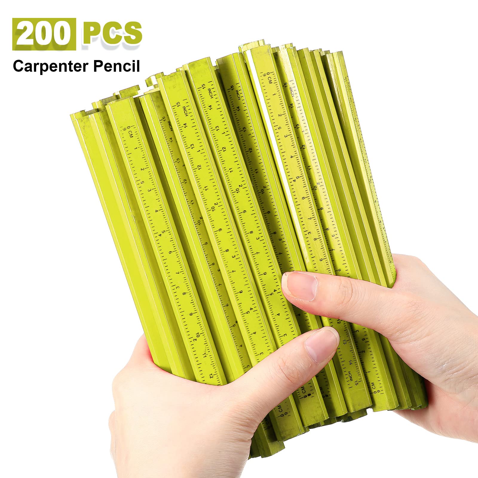 Lot de 202 crayons de charpentier - 200 crayons de construction plats avec règle imprimée en bois graphite, 2 taille-crayons de charpentier pour le travail du bois - Outil de marquage (jaune)
