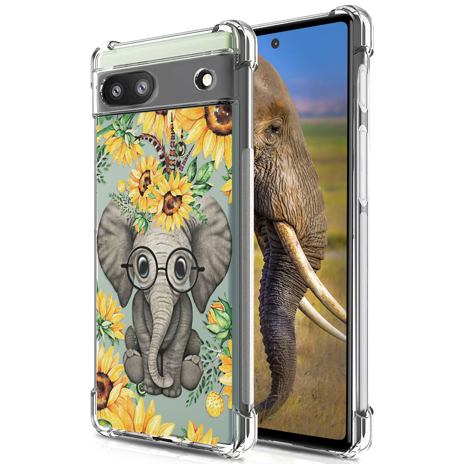 Funda transparente para Google Pixel 6a con diseño de elefante de girasol para mujeres y niñas, diseño bonito, suave, a prueba de golpes, flexible, transparente, funda trasera para teléfono celular Google Pixel 6a