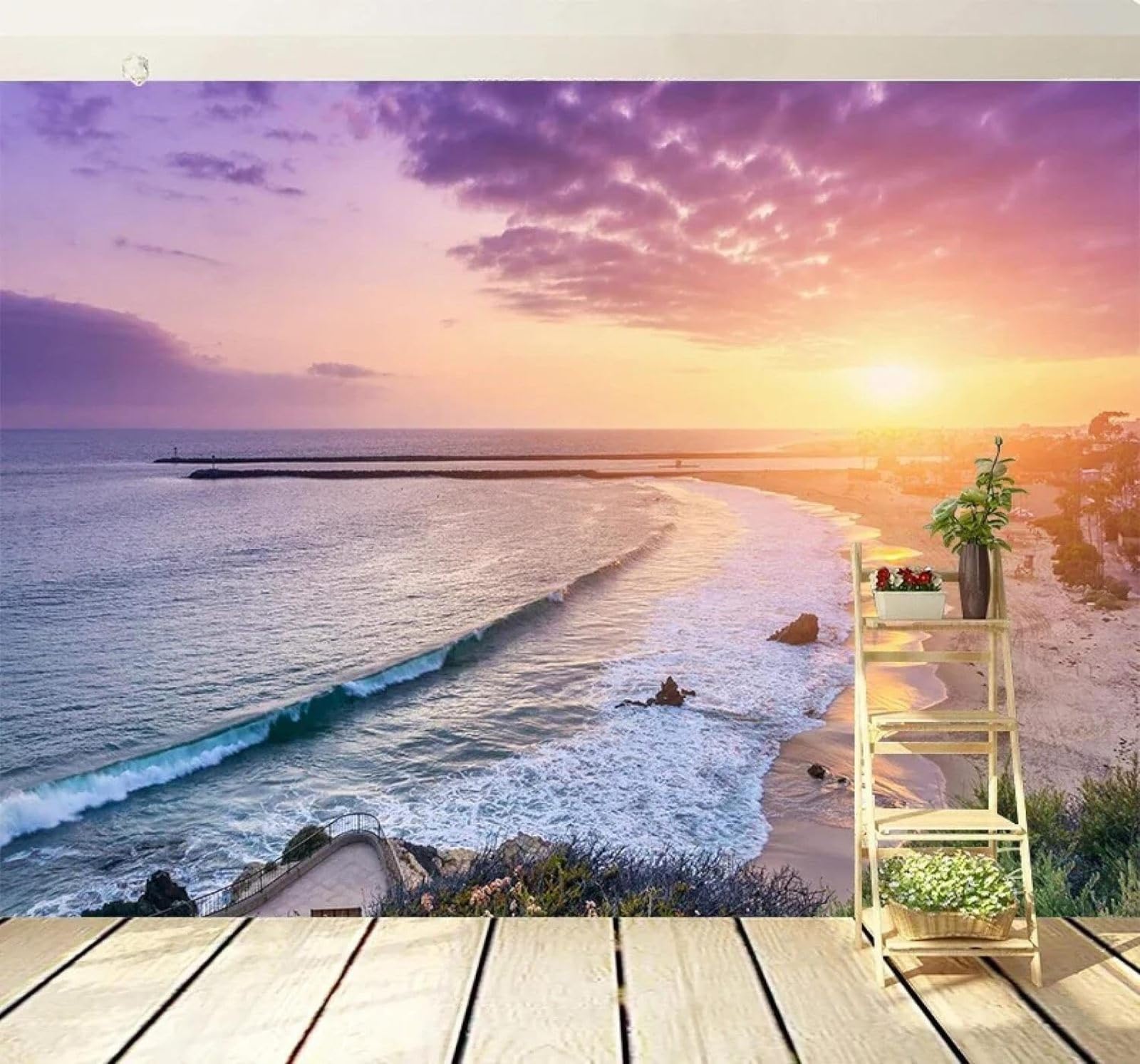 XLMING Beautiful Sunset Beach Landscape Art 3D Wallpaper Silky Texture Home Study Office Grey Dining Room Sofa Bedroom Living Room TV Backdrop-200cm×140cm