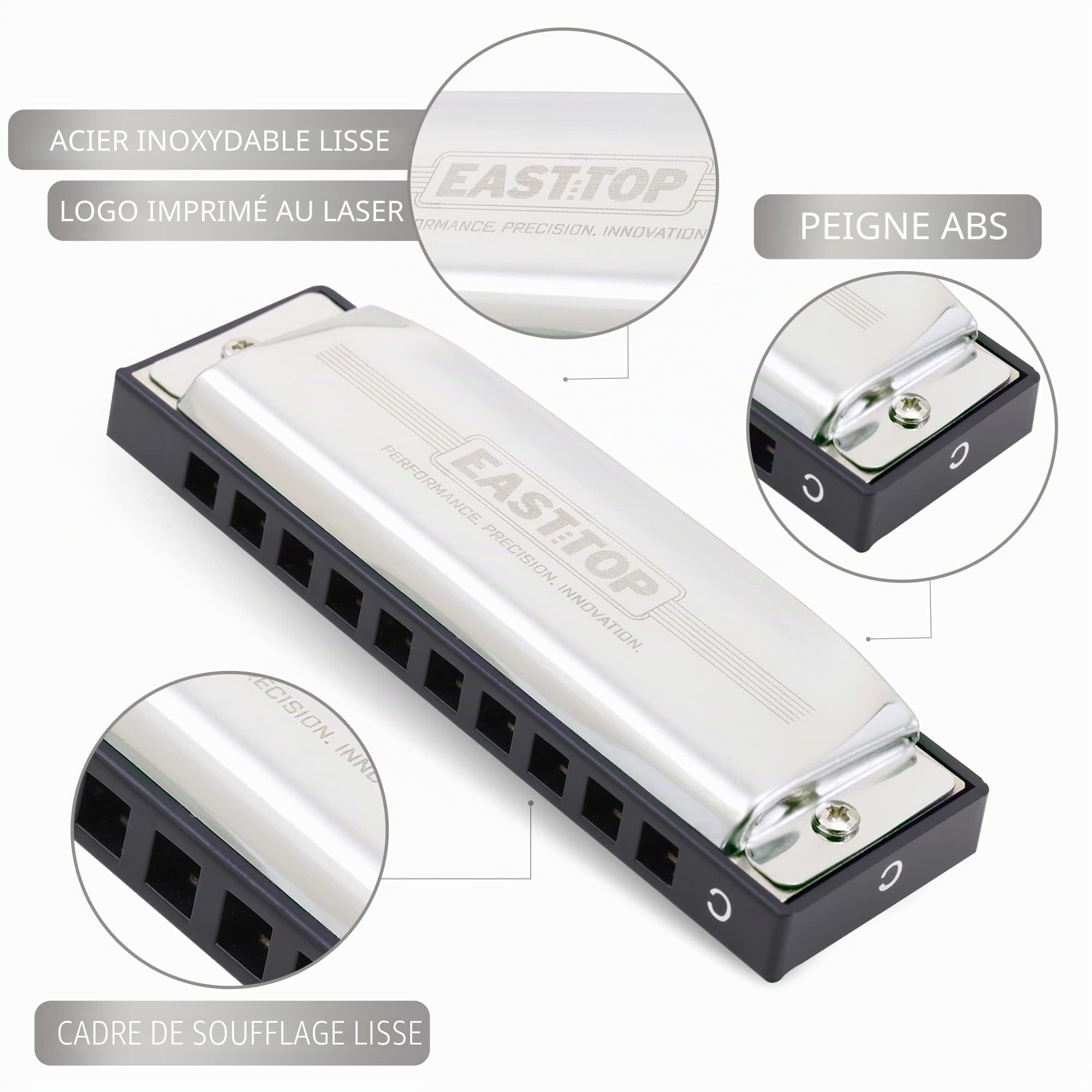 East Top Harmonica blues, 10 Holes Instrument de musique professionnel blues harmonica Diatonique C (T009-1)