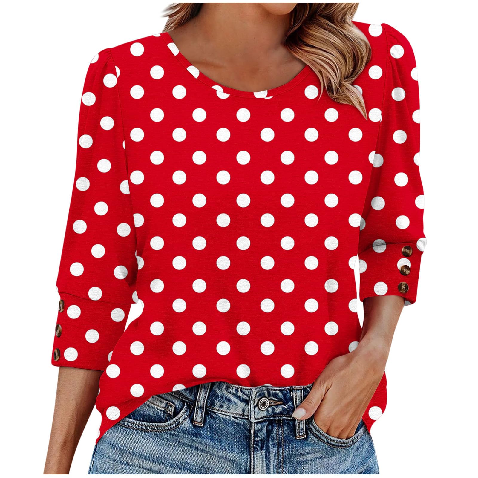 T-Shirt Damen 3/4 Ärmel, Punkte Dekoration Shirt Baumwolle Oberteile Damen Tshirt Rundhals Casual Tunika Tops Modisches Bluse Locker Sommer T-Shirts Weich und Bequem Langarmshirt