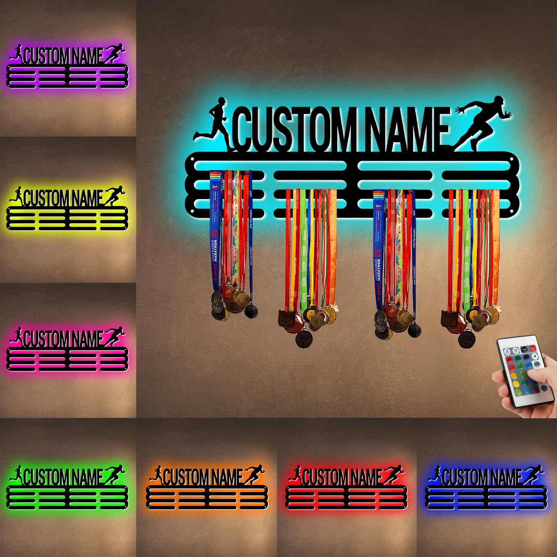 Personalized Metal Running Marathon Medal Hanger Holder Display Rack for Awards Ribbons With LED Light- Custom Sports Running Medal Holder for Wall,Medal Display Award Rack With Boy Girl Kid's Name
