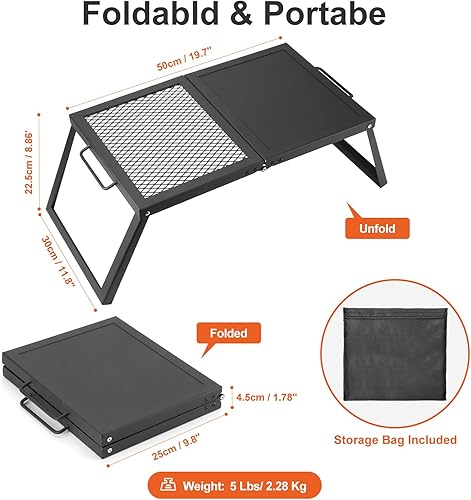 Miniatura 2 de Odoland Parrilla plegable para fogata, rejilla de malla de acero resistente con patas plegables y bolsa de almacenamiento, rejillas de camping
