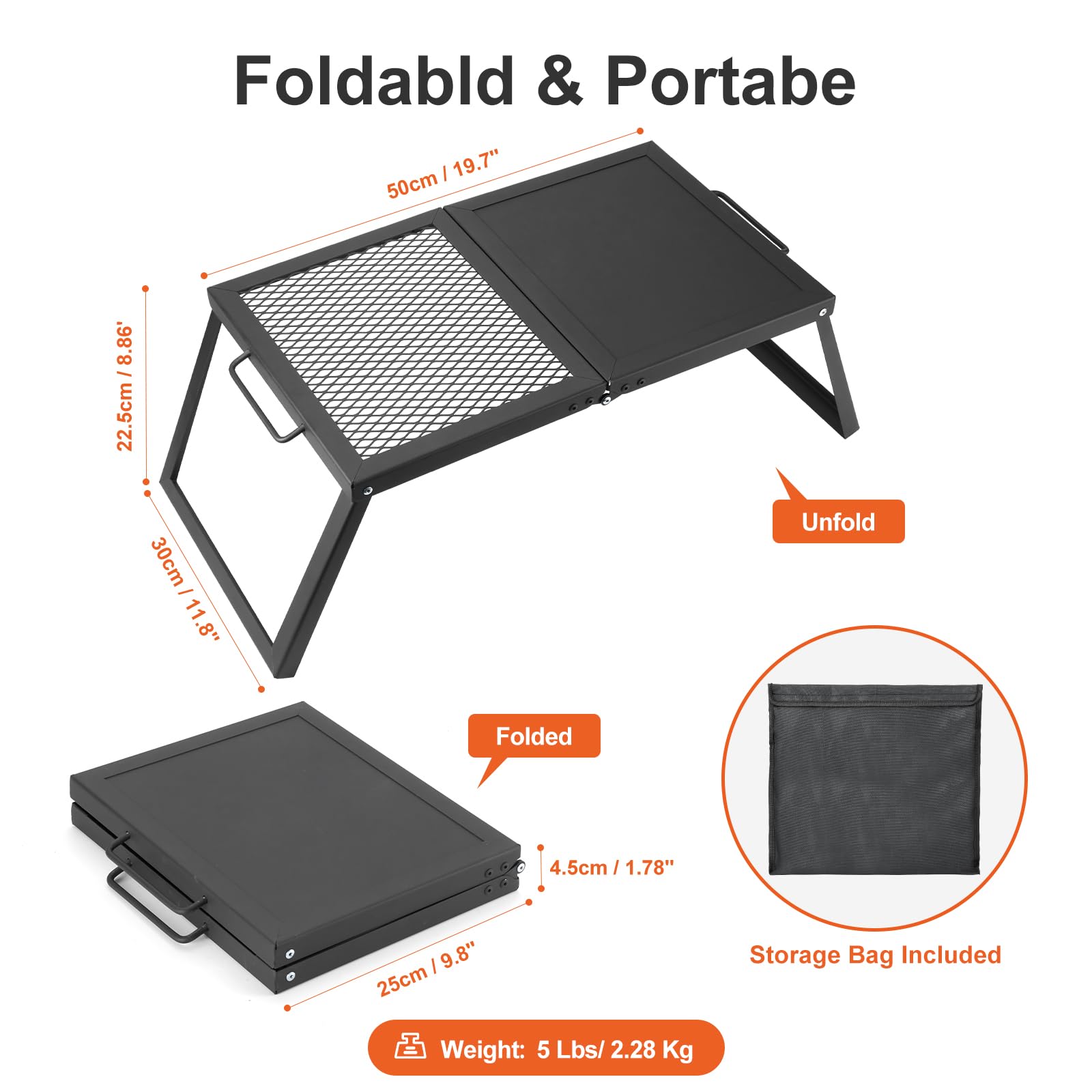 Odoland Folding Campfire Grill, Heavy Duty Steel Mesh Grate with Folding Legs and Storage Bag, Portable Camping Grates, Over Fire Pit Grill Rack for Outdoor Cooking and Bonfire