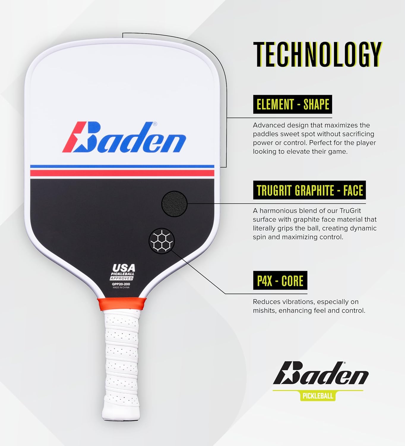 Baden Battle Point Pickleball Paddle, USAPA Approved, Graphite Composite Face for Accuracy & Ball Spin, Polypropylene Honeycomb Core for Strength & Durability