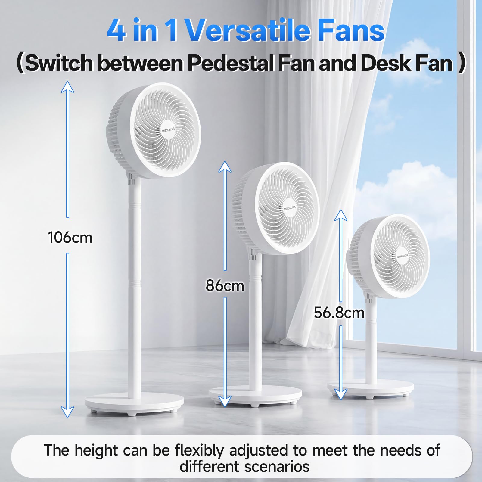 WOWDSGN Ventilateur 2-en-1 sur Pied & de Table, 3 Vitesses, Hauteur Réglable 36,8–106 cm, 38W Moteur Puissant à 5 Pales, Circulation d'Air pour Chambre