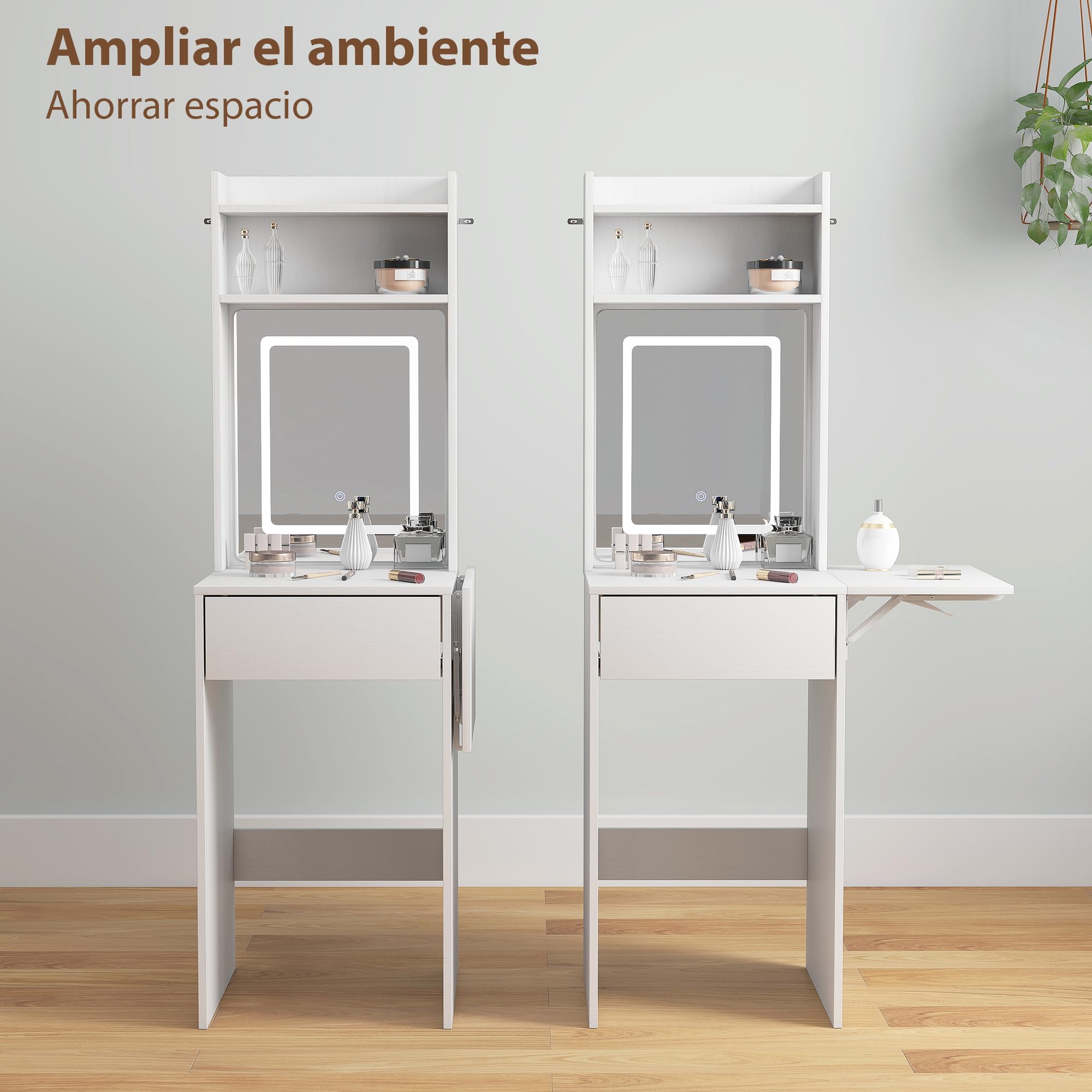 HOMCOM Tocador de Maquillaje con Luces LED de Color Ajustable en 3 Tonos y Espejo Tocador Pequeño Moderno con Lateral Abatible Cajón Compartimentos Abiertos para Espacios Pequeños Blanco