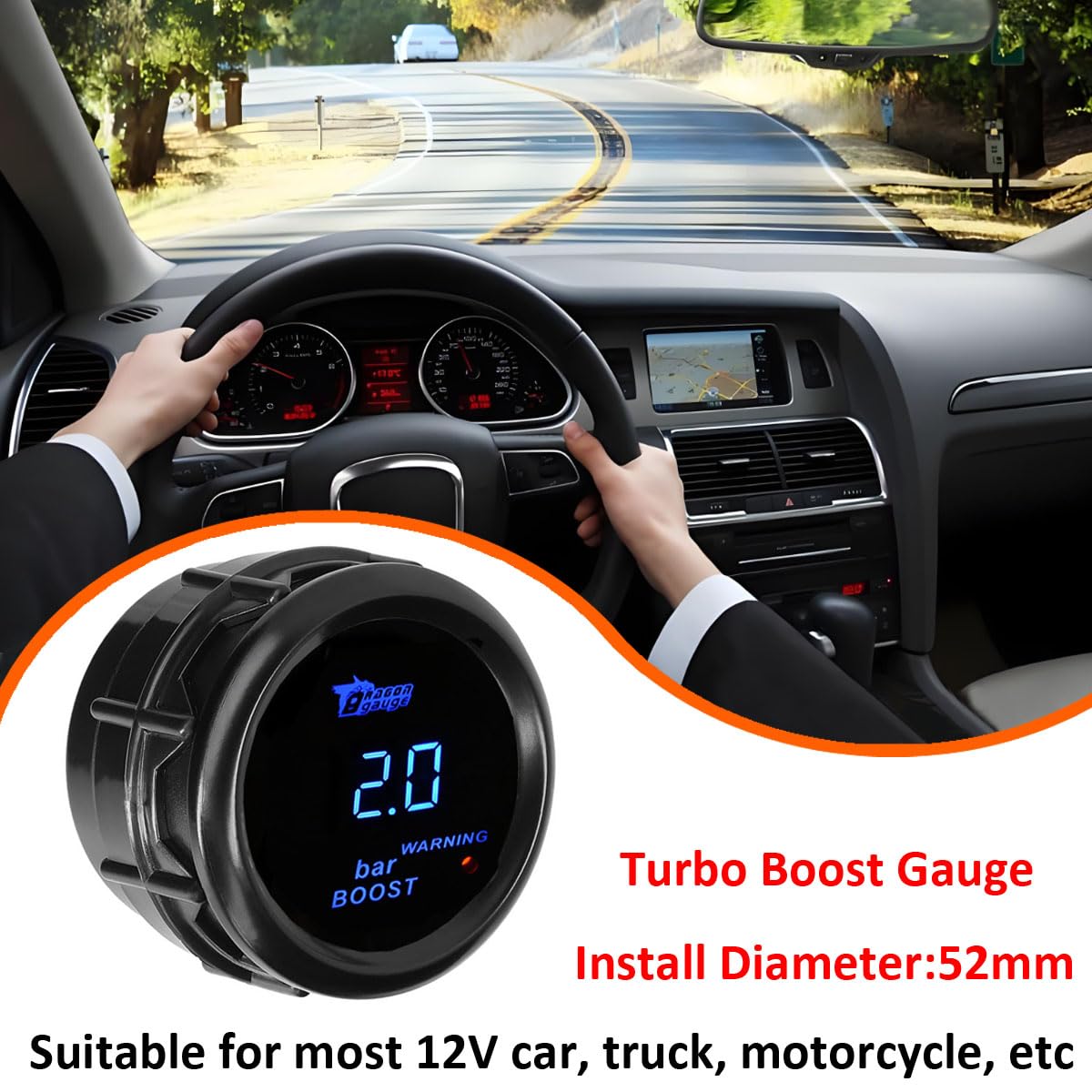 Indicatore di Boost per Auto 52mm Turbo Boost Manometro Con Sensore 12V Blu Luce Digitali Turbo Pressione Strumenti Calibro Spinta Gauge Misuratore -1 a +3 Bar
