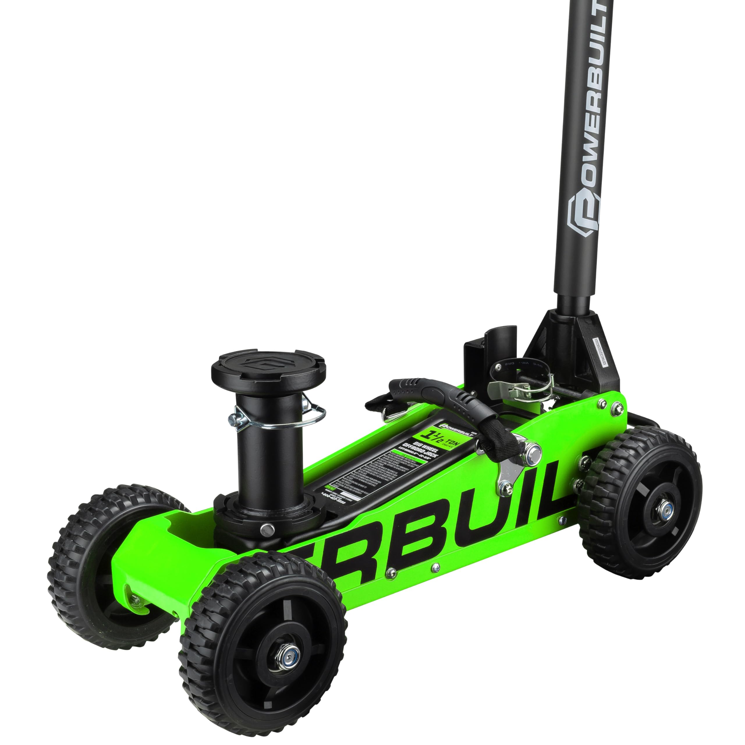 Powerbuilt 1.5 Ton Big Wheel Off Road Jack, Vehicle Lift for Trucks, SUVs, ATVs Offroad Vehicles, Oversized Wheels for Rugged Terrain, 3000 LB Capacity, Green 620628ECE