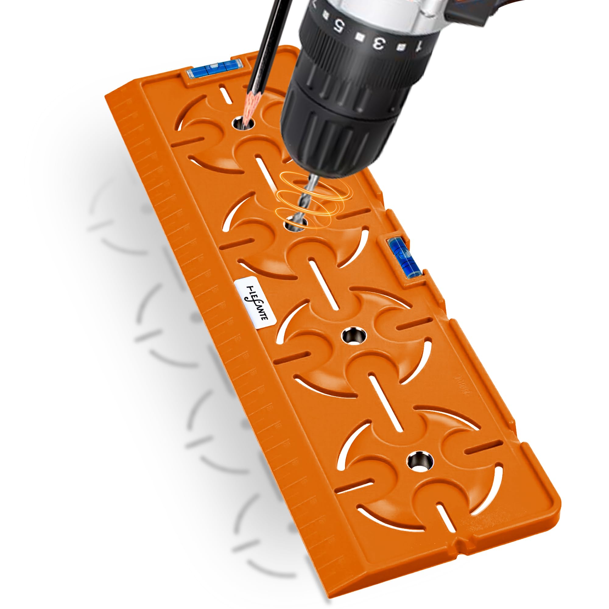 i-LEFANTE Bohrschablone mit Wasserwaage und Lineal – Multifunktionales Präzisionswerkzeug für Steckdose, Unterputzdose und Elektroinstallation im Trockenbau (Orange)