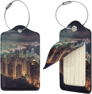 Hong Kong Luggage Tags for Suitcases, 2 PCS PU Leather Travel Tags with Full Back Privacy Name ID Card, Personalized Name Tags for Bags, Suitcase Labels with Metal Loop