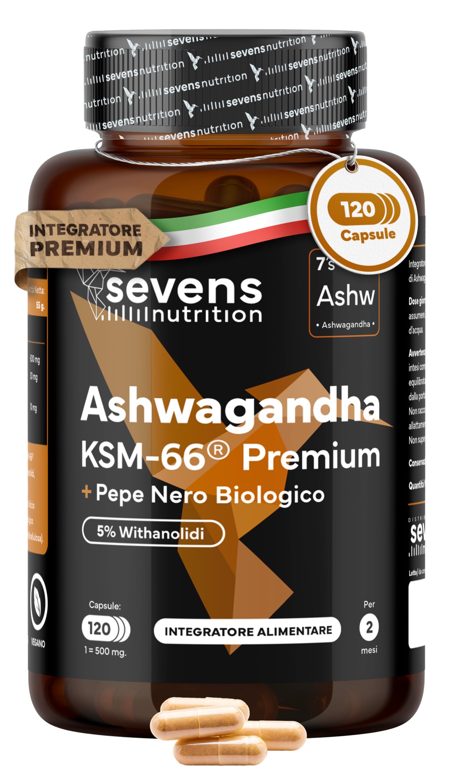 Ashwagandha KSM-66® Pura – Alta Biodisponibilità – Con Pepe Nero – 5% Withanolidi – Supporto per il Benessere, Energia e Funzione Psicologica – 120 Capsule Vegane