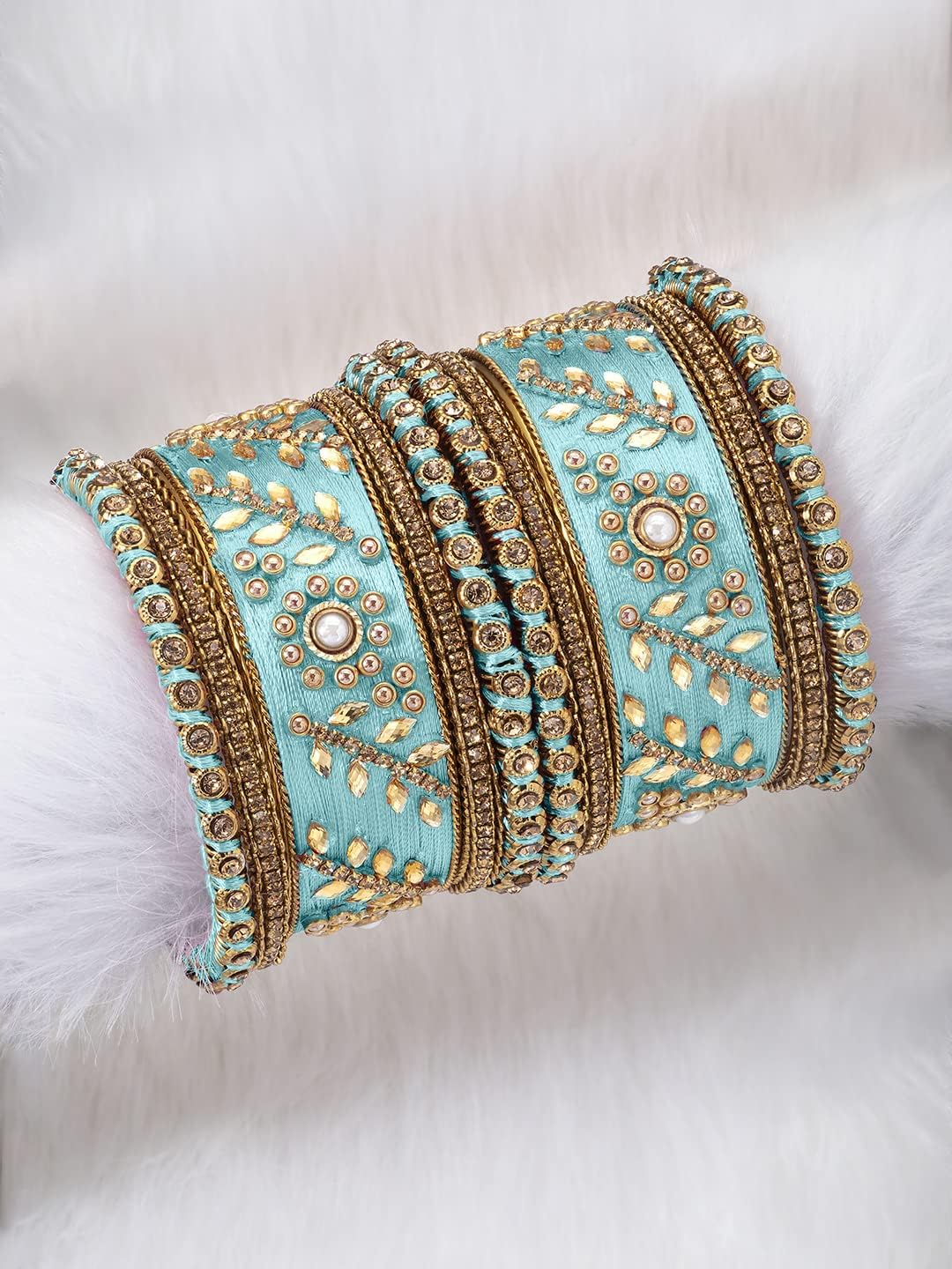Aheli Traditional Wedding Designer Silk Thread Faux Stone Studded Bridal Bangle Set Chuda Indian Ethnic Bollywood Fashion Jewelry Gift for Women Blue - Image 3