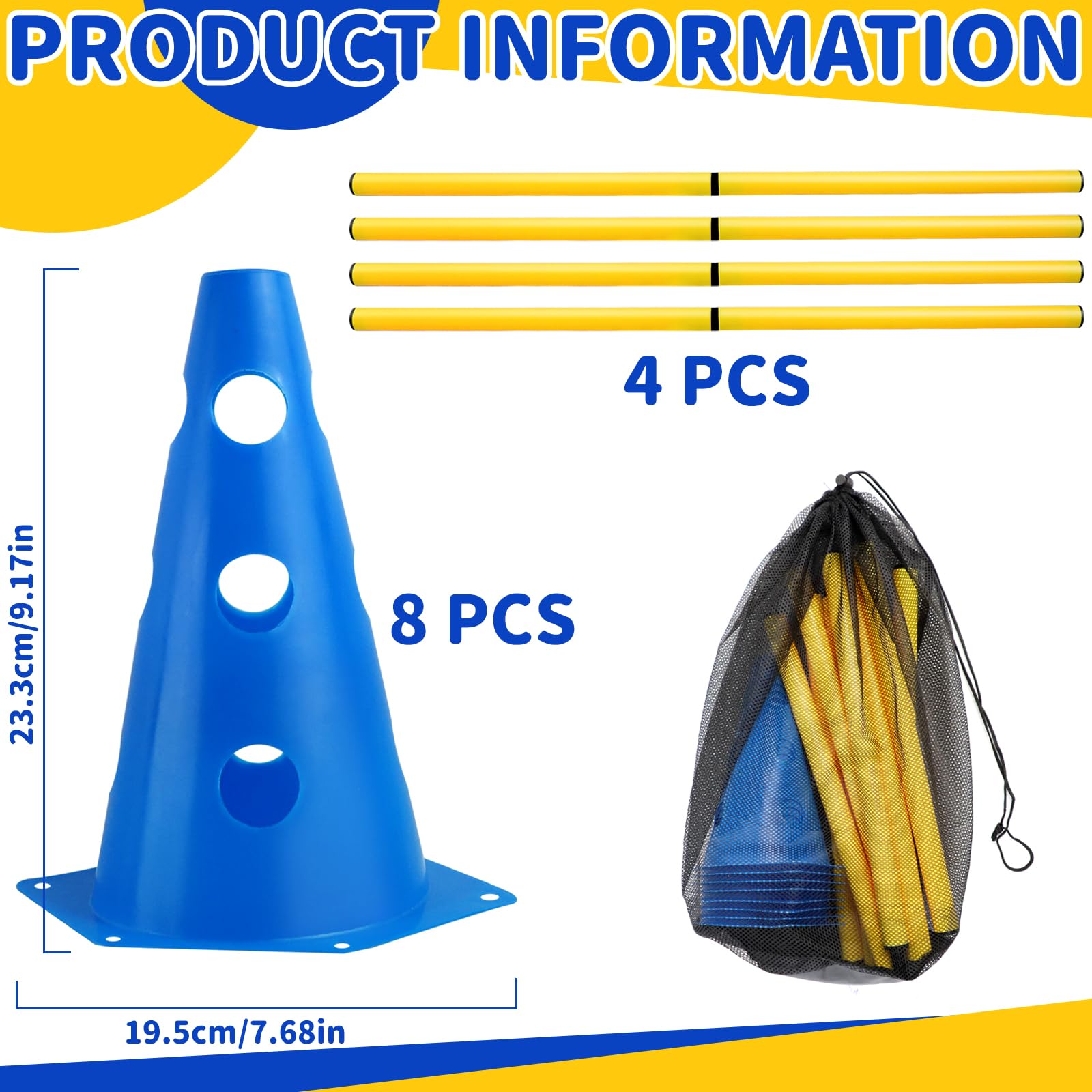Agility Set per Cani Ostacoli per Bambini, Ostacoli per Cani con 8 Coni 32cm di Altezza + 8 Aste Lunghe 80cm, Set di Siepi Agility, per Cane Il Lavoro di Coordinamento