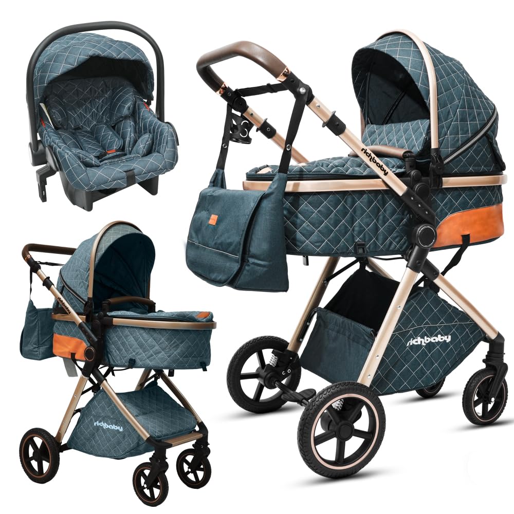 Passeggino combinato 2 in 1 con culla rimovibile, sospensioni All-Terrain, pieghevole con una sola mano, manubrio regolabile in altezza, ampio vano portaoggetti, sedile reversibile, per neonati fino a