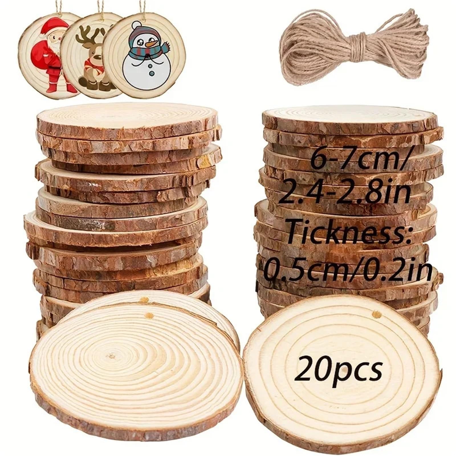 plastry drewna 20 szt. naturalnych plastrów drewna sosnowego 2,4-2,8 cala zestaw do robótek ręcznych z drewna, niedokończone, wstępnie nawiercone z otworem, drewniane kółka, plastry drzewa